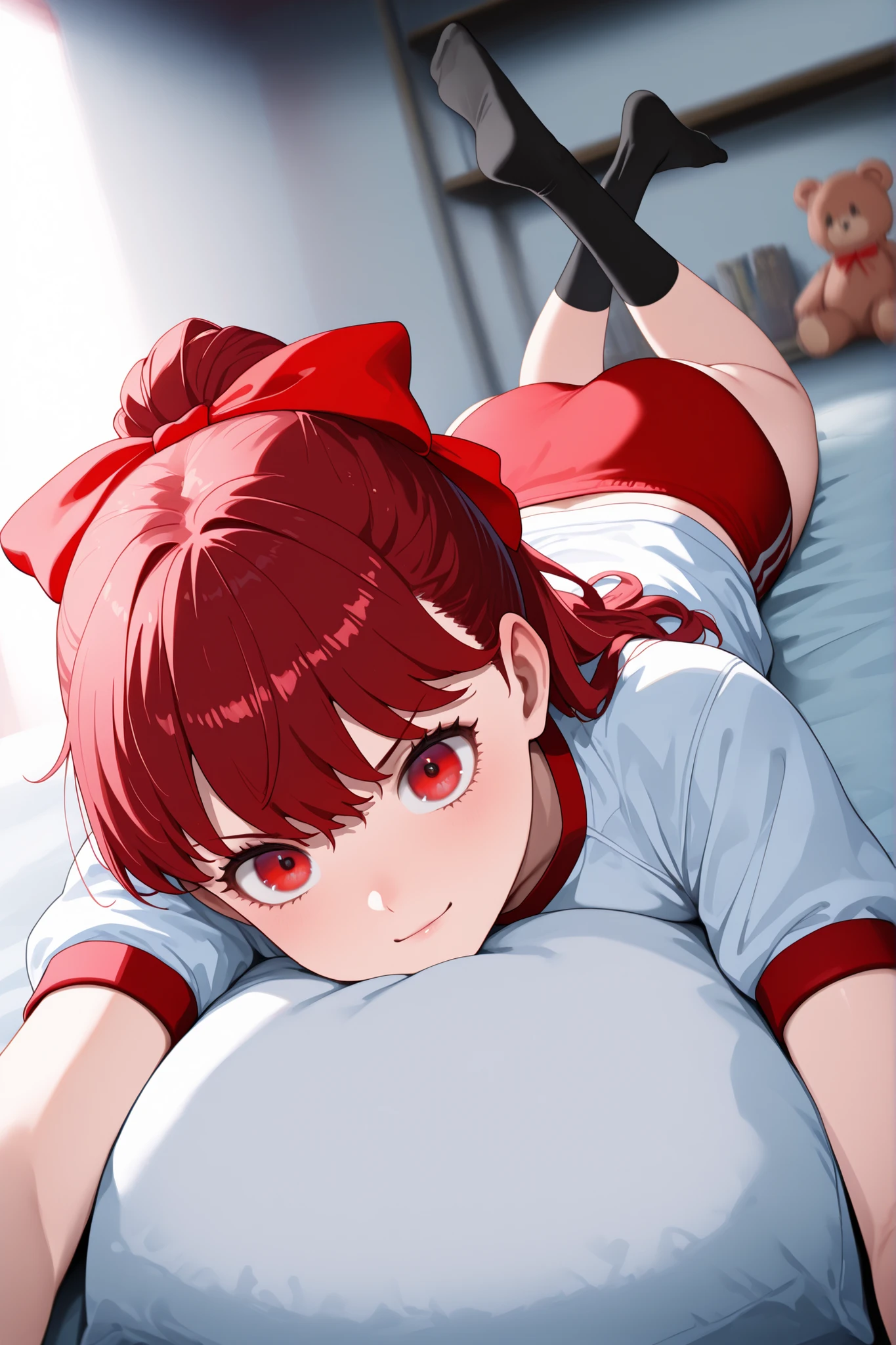 (background blur:1.9),((close-set eyes:1.9)),teary eyes:1.4,(Large pupils:1.7),Sterling eyes:1.5,(soft iris grow:1.5),(viewers:1.5),ashamed,(catch light:1.5),volumetric lighting,((eyes:1.3)),(gradation red eyes:1.3),on stomach,masterpiece,long shot,左を向くviewers:1.6,(:1.3),普通のchest,oblique side by side,rich colors,cinematic lighting,My Room,Oblique shot,((prone)),((light smile:1.3)),((fit red buruma:1.4)),Smooth texture,envy,1girl,POV,中くらいのchest, red eyes,bangs,red hair, high ponytail,(red hair bow:1.7),(red line white gym suit:1.3),(black high sox),bed, chest,top quality, great quality, Very Aesthetic, very high resolution, Newest, slender:1.3,((Beautiful Woman)),((((low Contrast:1.5))),volumetric lighting:1.6,BREAK,((hugging pillows:1.7)),big boobs,Books on shelves,teddy bear on shelf,(shape hard-edged:1.3),