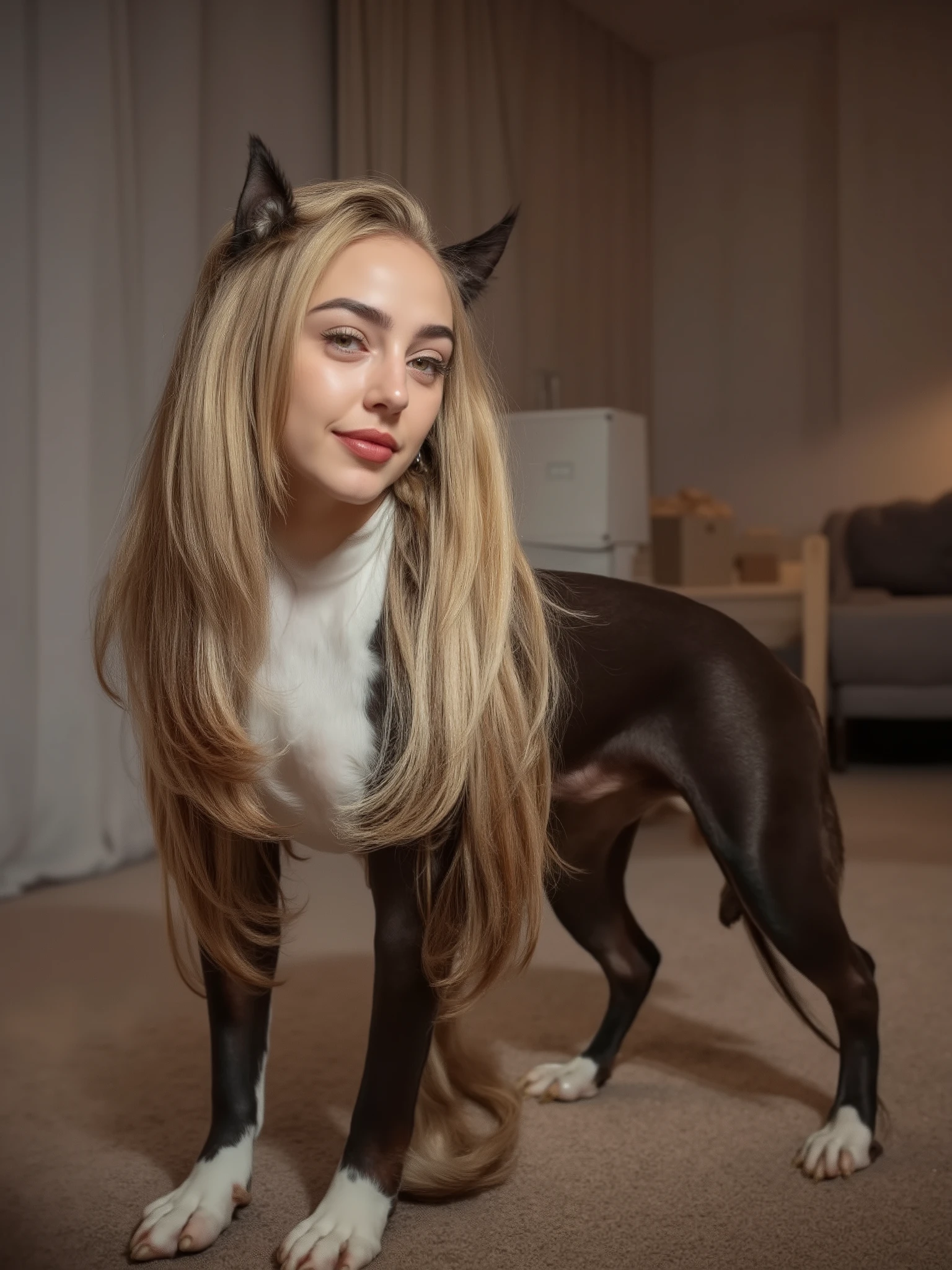 (masterpiece, High quality, high resolution hairstyle, Fotografía hiperrealista), majestic anthropomorphic female Boston Terrier, hybrid creature standing on all four legs, humanized canine anatomy in elegant posture, beautiful female face with delicate features, long, silky blond hair falling on the shoulders, Boston Terrier ears crowning the head, bright and expressive canine eyes, body completely covered with soft shiny fur, long and elegant tail that moves to maintain balance, height proportional to an adult woman, defined muscles under the fur, proud and elegant posture, Flirty and happy. Modern home interior, LED lighting creating sharp shadows and dramatic contrasts, detailed realistic textures, perfect details of hair and skin, 8K, professional lighting, balanced composition, depth of field