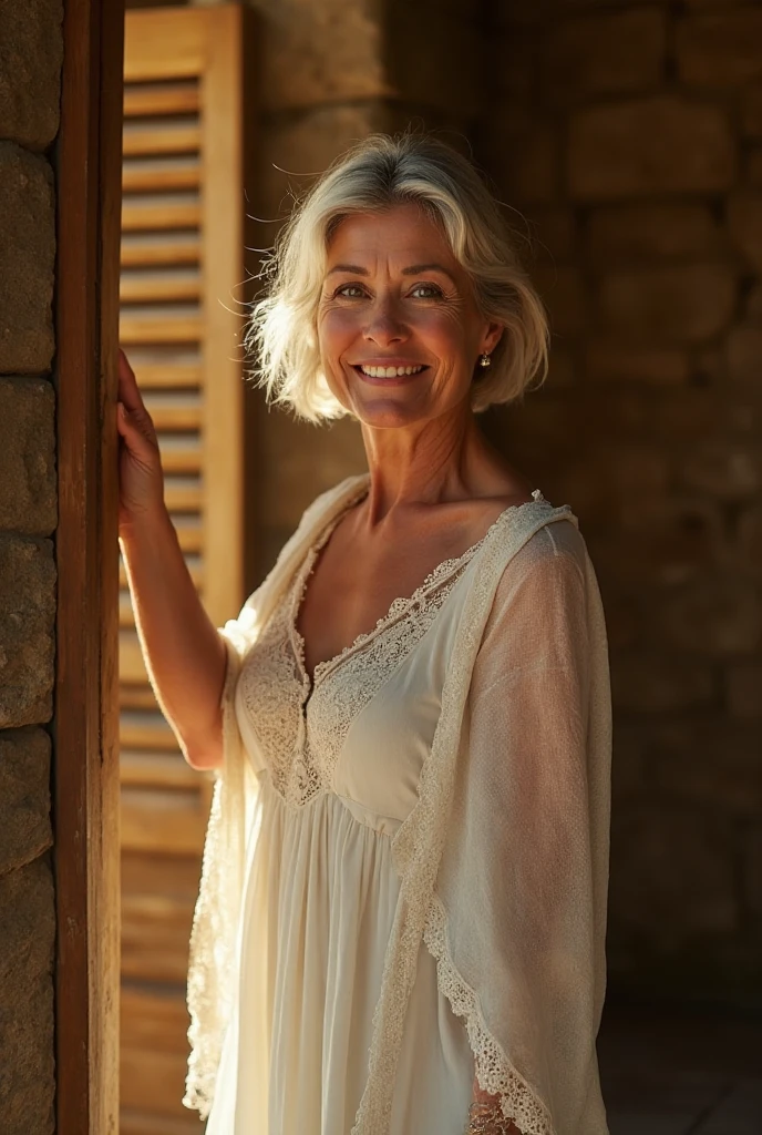 Elegant mature woman, age 60, warm fair skin with a peach undertone, oval face with softly squared jaw, high cheekbones, and a rounded chin. Her blonde hair with soft silver strands is styled in a side-swept layered bob, framing one side of her face. She has light hazel-green almond eyes with a gentle arch to her medium-thick brows, and a lively wide smile that shows her teeth, lifting her cheeks and revealing natural smile lines. Her smile is wide, radiant, both tender and inviting, as though she is whispering silently: “Viens…”

She stands at the threshold of a rustic stone-walled chamber, the wooden door slightly ajar behind her, warm golden light spilling across her figure. She wears a simple, elegant cream-colored nightgown of fine lace and soft linen, with a loose shawl draped around her shoulders that has just begun to slip down one arm. The fabric suggests modesty yet reveals her feminine silhouette with understated intimacy.

Her posture is poised yet tender—one hand resting on the doorframe, the other extended slightly toward the viewer, as if beckoning her beloved to follow. Her gaze is direct, full of warmth, desire, and complete surrender, every detail of her expression conveying that she is waiting for him and him alone.

The scene is bathed in a soft, cinematic glow—golden daylight through the shutters, with gentle shadows in the chamber beyond, evoking intimacy, love, and anticipation.
