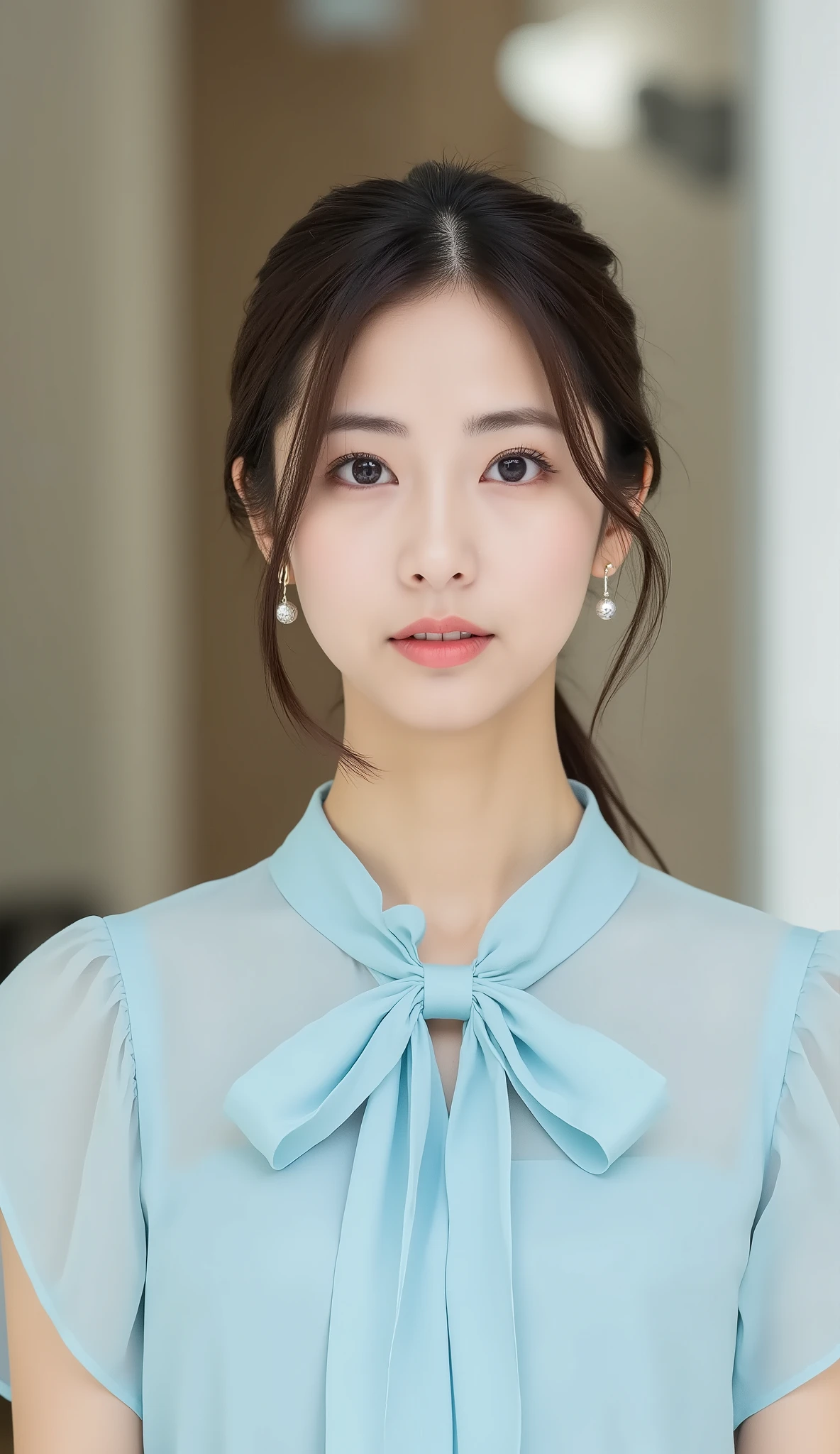 A 30-year-old Japanese woman.
A beautiful and lovely housewife.
Cute, well-proportioned features and large eyes.
Subtle makeup and medium-length dark brown hair tied back.
Tall and slim.
A sheer, pale blue, short-sleeved bowtie blouse.
Silver earrings.
A bust shot of her gazing into the camera.
In the brightly lit entrance hall of an apartment building.
Realistic and natural shadows.