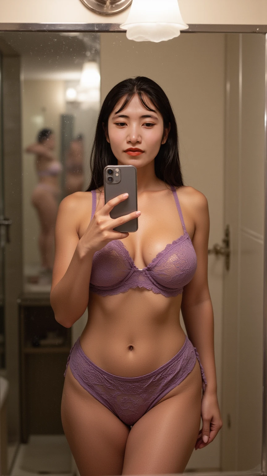 debris flies、highest quality、super fine、got it、High resolution、8k wallpaper、perfect dynamic composition、(((Full body Esbian)))、((from below))、20 year old cute girl、detailed beautiful face、delicate and cute eyes、fine-textured skin、My cheeks turned red、(wavy black hair)、thin legs、Please generate at the eaves、take a selfie with your mobile phone、room、white background、Taking a selfie in front of the mirror with your smartphone、Looking back、buckshot、hip line、beauty in return、back、light purple 