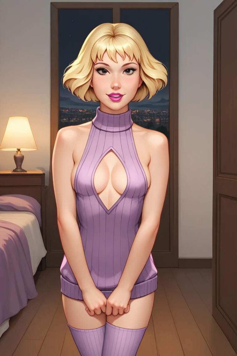 Hot blonde girl with short hair, blue eyes, wearing a pink strapless dress with  shoulders and long sleeves, short dress showing her thighs 