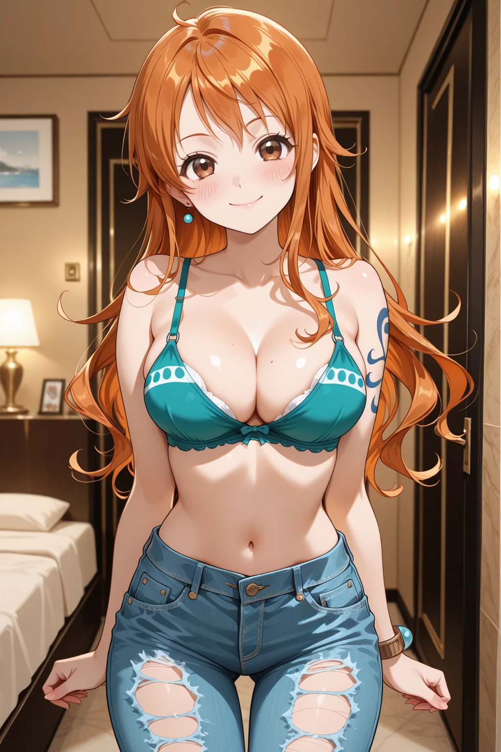 (masterpiece, Highest quality),Browsing Caution,Cartoon photo of a woman in a  top and jeans, Anime drawings inspired by Masamune Shirow, Pixiv, Self-sastructing art, Enchanting anime girl, Nami One Piece, Biomechanical , Nami from One Piece, Pixiv 3dcg, , I also make fan art, top rated on Pixiv