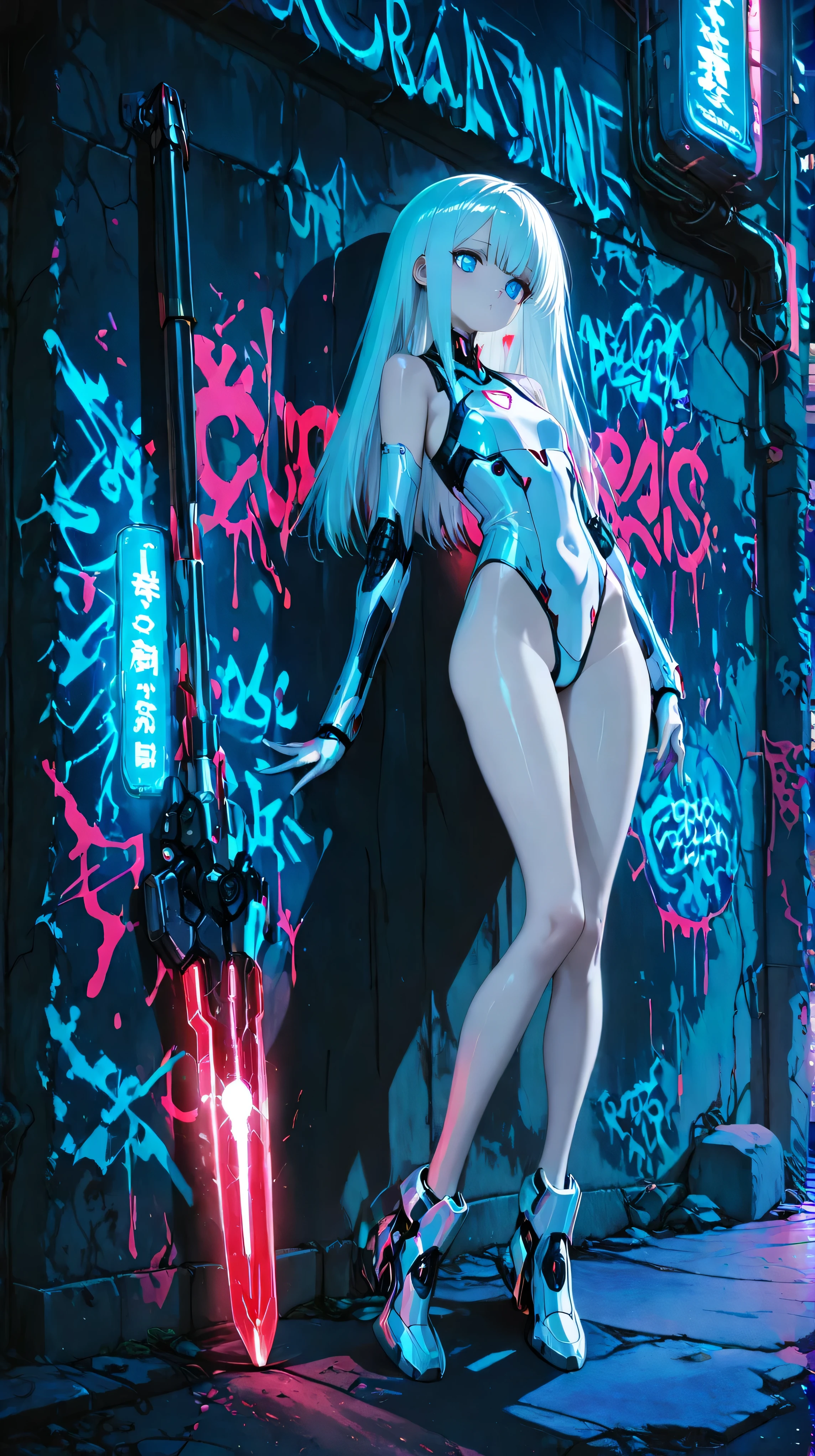 masterpiece, best quality, photography, ultra high resolution, faded color, an anime girl, cute face, pale skin, mechanical spear, slim body, long legs, long arms, small chest, blue eyes, white long hair, straight hair, cybernetic armor, battle armor, sleeveless, high-leg, urban, concrete wall, shadow,graffiti,  detailed eyes, sharp eyes, artificial light, night, night time
