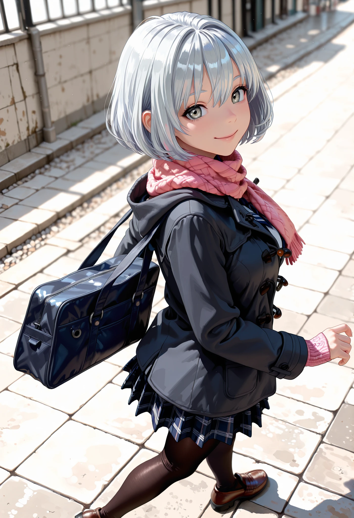 (from back:1.4), (from above:1.2), cowboy shot, masterpiece, best quality, amazing quality, very aesthetic, high resolution, ultra-detailed, absurdres, newest, scenery, BREAK, depth of field, volumetric lighting, (masterpiece, best quality, absurdres, detailed,perfect quality, amazing quality, very aesthetic, absurdres, newest, ultra-detailed:1.2), extremely detailed, modern, very awa, crisp, sharp, beautiful eyes, fine textures, clean skin, 1girl, 18yo, BREAK ((silver hair:1.5),bob cut, bang between eyes), ((glossy silver eyes:1.5)), (cute eyes, tareme, twinkle eyes), (large breasts), cute face, beautiful face, pretty face, beautiful, good anatomy, long eyelashes, expressive eyes, Perfect Hands, happy, one eye close, smile, glossy lips, perfecteyes, BREAK 1girl, (dark-navy theme:1.3), (Wear a dark-navy duffel coat over school uniform and exposed only skirt-hem:1.4), (black and white plaid-pattern pleated skirt:1.1), ((dark-brown pantyhose, loafers):1.2), BREAK (pink theme:1.3), (plaid-pattern knitted pink scarf:1.4), BREAK 1girl, (holding one black school bag on her left shoulder), BREAK 1girl, morning, sunny, street, daylight, a cute anime girl, walking, (dynamic pose:1.3), BREAK soft lighting, (masterpiece, best quality), (cute, 8K, perfect lighting, perfect anatomy), absurdres, (best quality), (ultra-detailed:1.2), high res, very aesthetic, ultra-detailed, cinematic, masterpiece, best quality, sharp outline, detailed eyes, high gradient eyes, high definition eyes