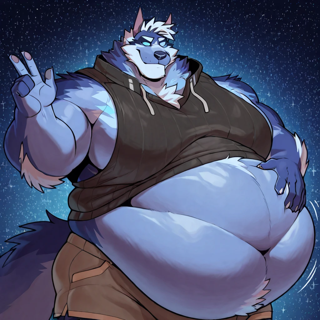 Blue wolf, fat, Male Focus, Stomach, blue long hair, red , Detailed bulge, big , swollen , Sexy sitting, Full Body, a needy expression, white background