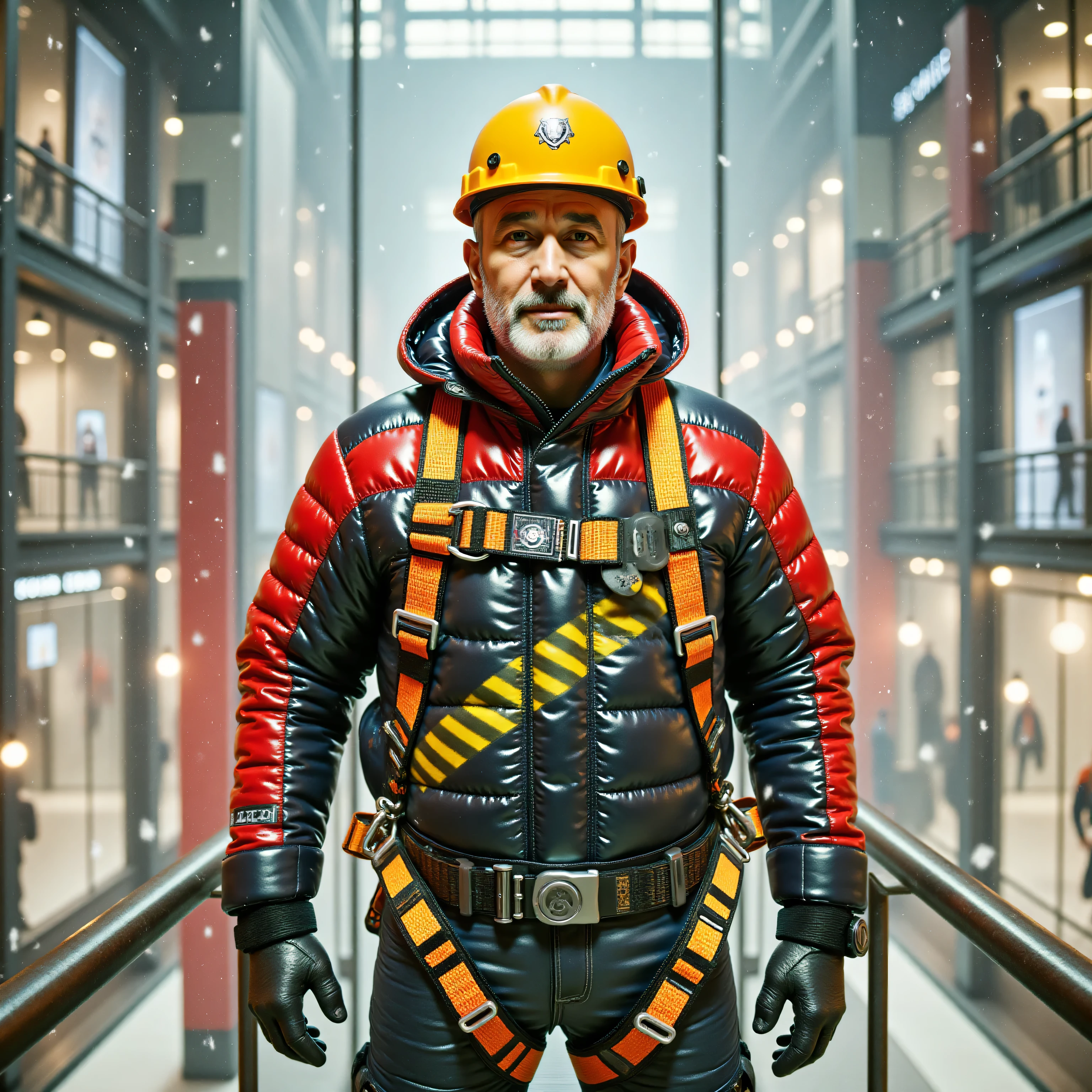 a 62 year old asian man weighing 250 pounds, wearing a shiny black and red Colmar1260 winter jacket with a diagonal yellow zig zag stripe across the chest, wearing a bright shiny polished yellow rubber construction safety harness, the harness has a chain attached to tracks in the ceiling of a large building, the man is climbing a snowy mountain climbing wall, the man is wearing black leather jeans, the man is inside of a large futuristic mall