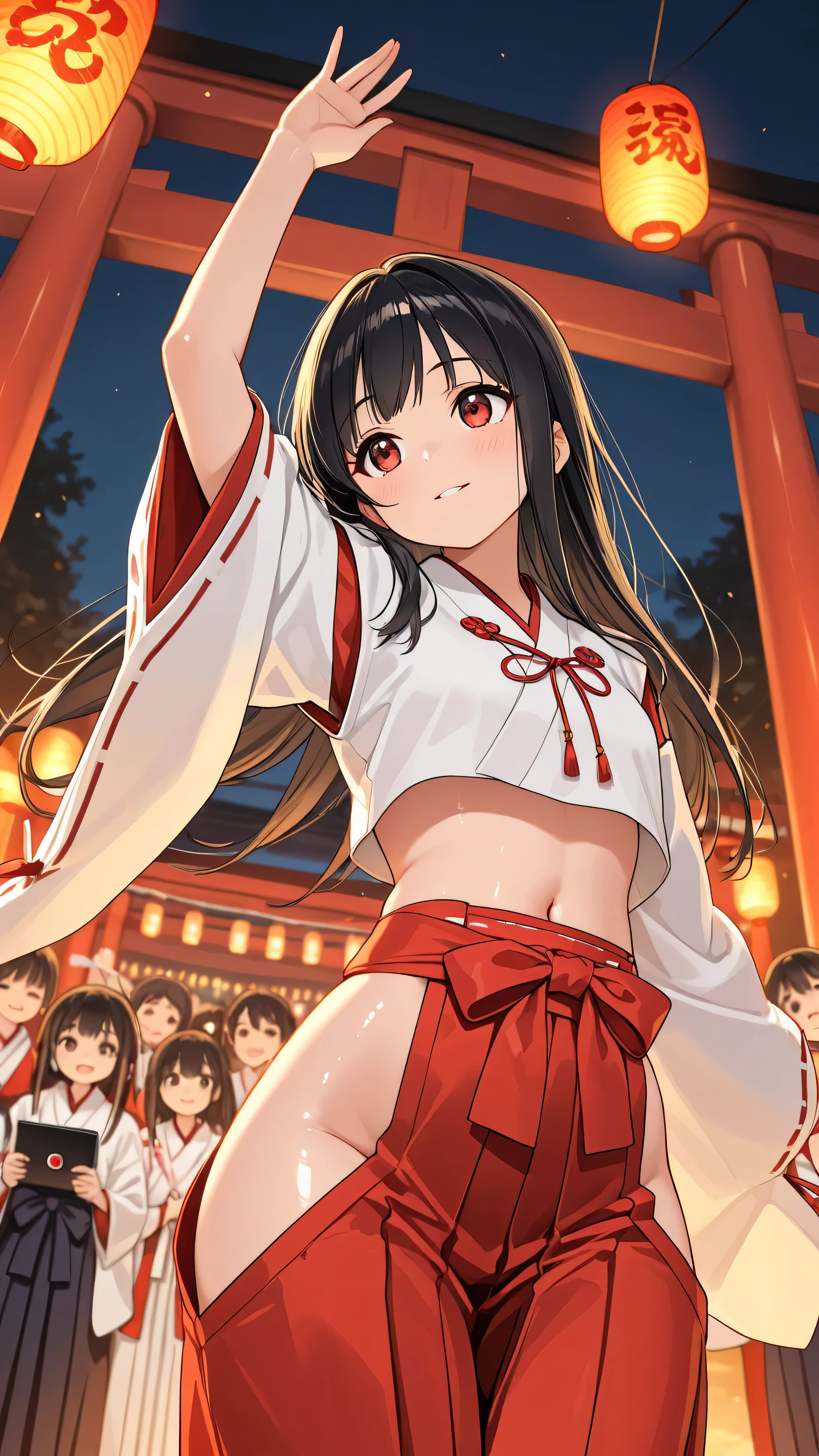 best quality, photography, finely detail, young shrine maiden, authentic miko attire, long black hair, white and red traditional outfit, extending arm forward to camera, direct eye contact, night time fire festival, dancing flames lighting her face from below, sacred torii gate visible behind, festival crowds in soft focus, handheld paper lantern in her other hand, immersive first-person view, Japanese cultural celebration,wide hips,lowleg hakama, face focus, head tilt, shiny skin, navel