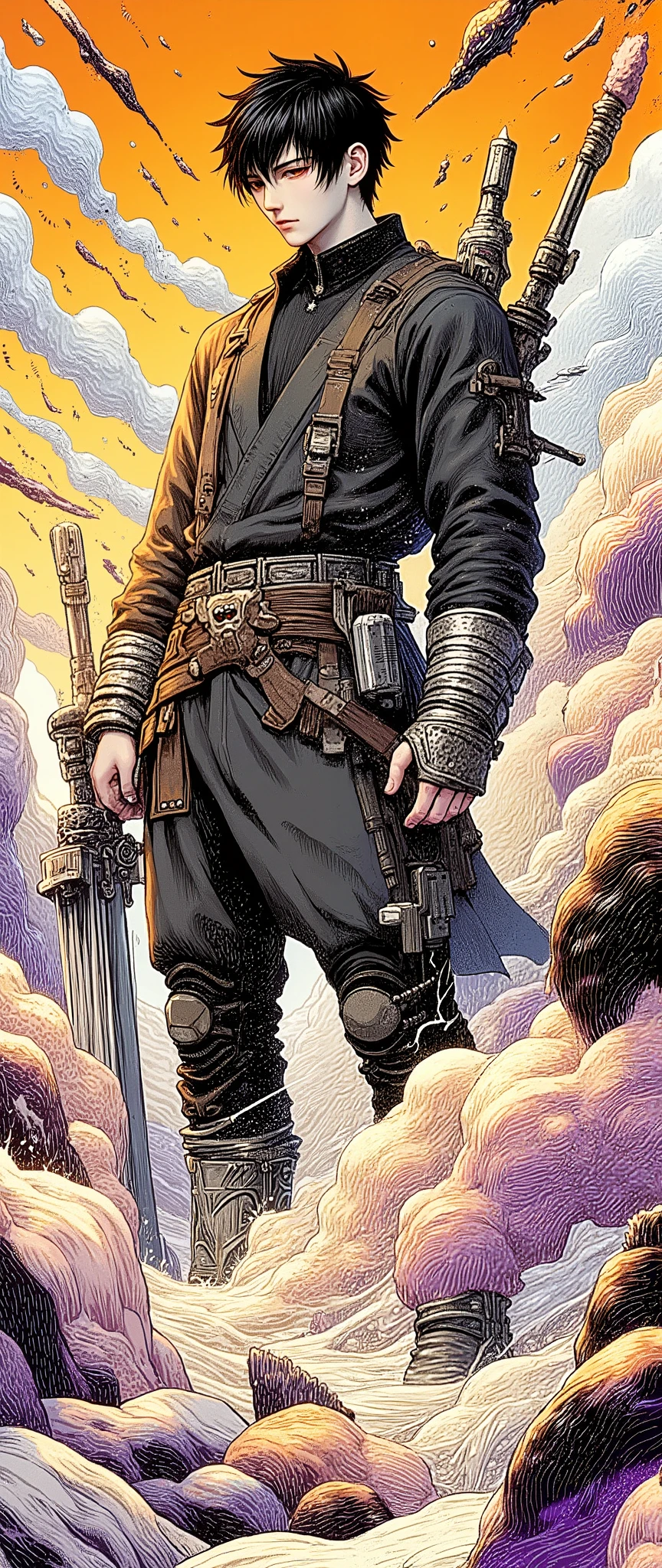 Shojo anime style:1.5, dark and torn, A young handsome muscular body, fierce expression, holding a weapon, (colors in your clothes, warm, orange, yellow, PURPLE:1.3), Standing on a desolate wasteland , dramatic lighting, intense shadows, sandy texture, high contrast mini tube, vibrant colors, dynamic pose, Powerful posture, rough background, explosive environment , dystopian theme, surreal elements, digitally painted illustration , high definition resolution, intricate details, dramatic composition, avant-garde and chaotic brushstrokes , Gothic, intense emotions, epic scale , Raw and rough feeling , Captivating and provocative works of art.., (at night, darkness:1.5).