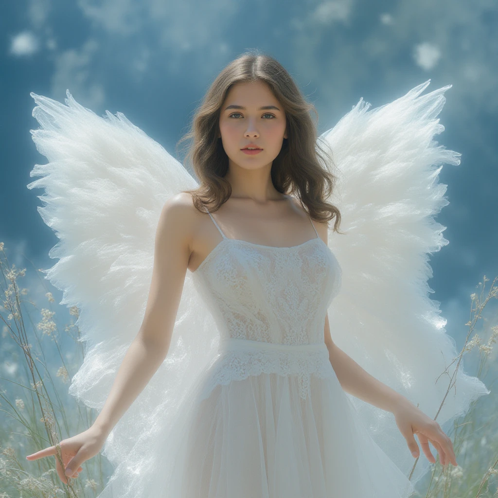angel beautiful girl beautiful white dress sky clouds rays of light wings