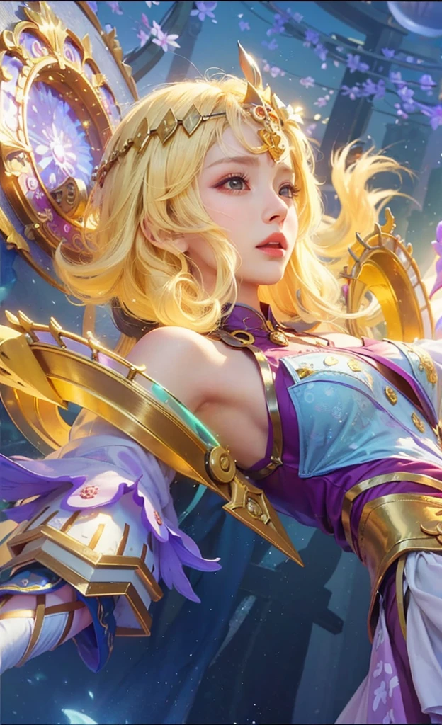 Woman with pink long hair, woman with beautiful face, woman with beautiful blue round eyes, woman with blue feather wing on her right hand, beautiful woman with pink lipstick, morning background, woman with beautiful pink flower on her blonde short hair, woman using pink skirt, woman with gold Root accessories on her body, woman on green leaf background, woman with golden accessories on her head, woman using blue dress and pink white gradient color, pink flower on her pink hair, pink dress, i SAID pink DRESSSSS
