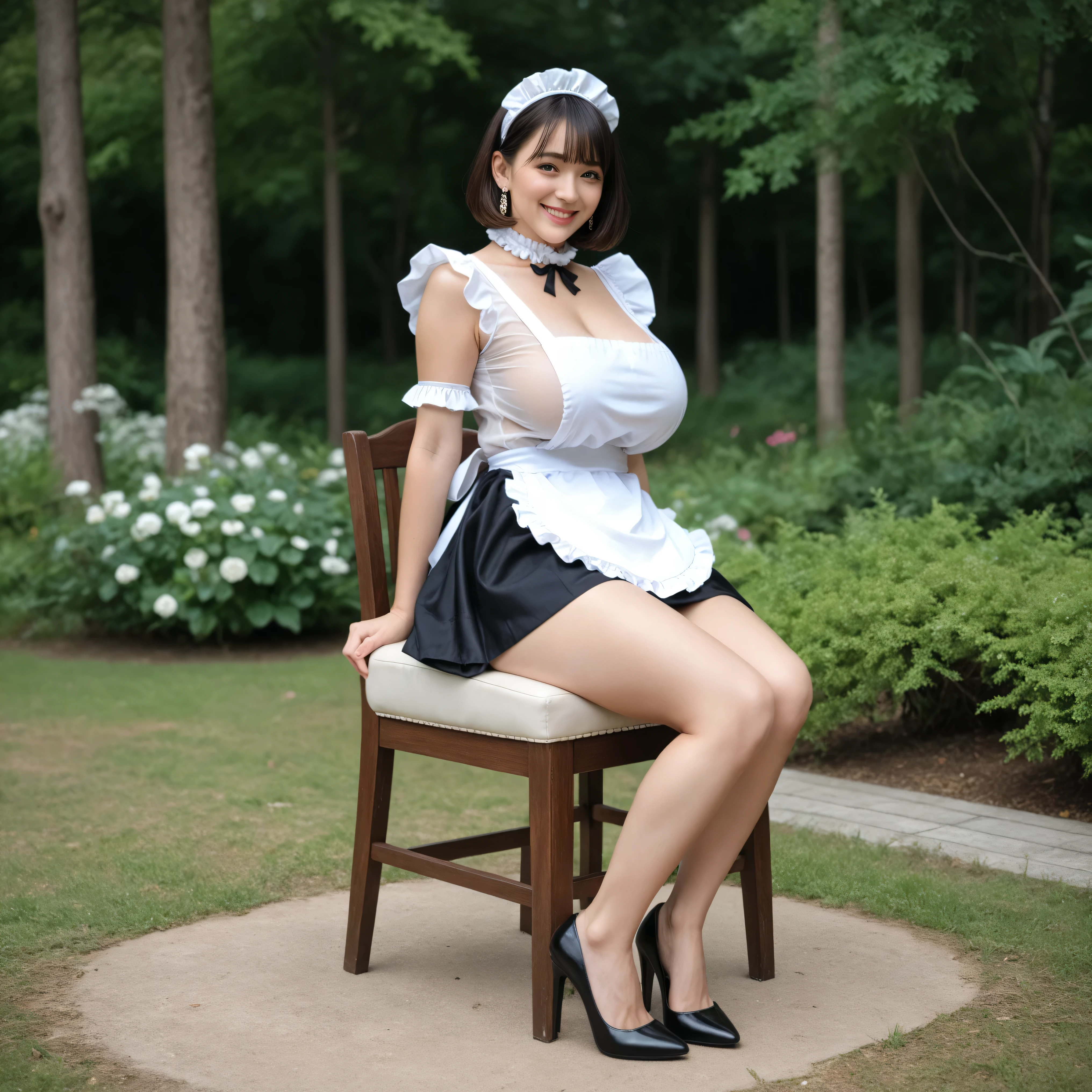 full body photo、reality, anatomically correct, realityistic, 1 woman, 23 year old woman, beautiful woman, very detailed beautiful face and eyes, detailed skin, (Natural Saggy Big Breasts:1.3), big butt, thighs, wide hips, smile, (short hair with bangs) (Cute black French maid clothes, white maid headdress, sheer white shirt, Black skirt lift, White frill apron lift, White Ruffle Choker, Black High Heels Earrings), Summer atmosphere, Daytime, The background is a forest, Being in a grassy garden,Sit on a wooden chair with legs wide open left and right、showing her wet, transparent white panties