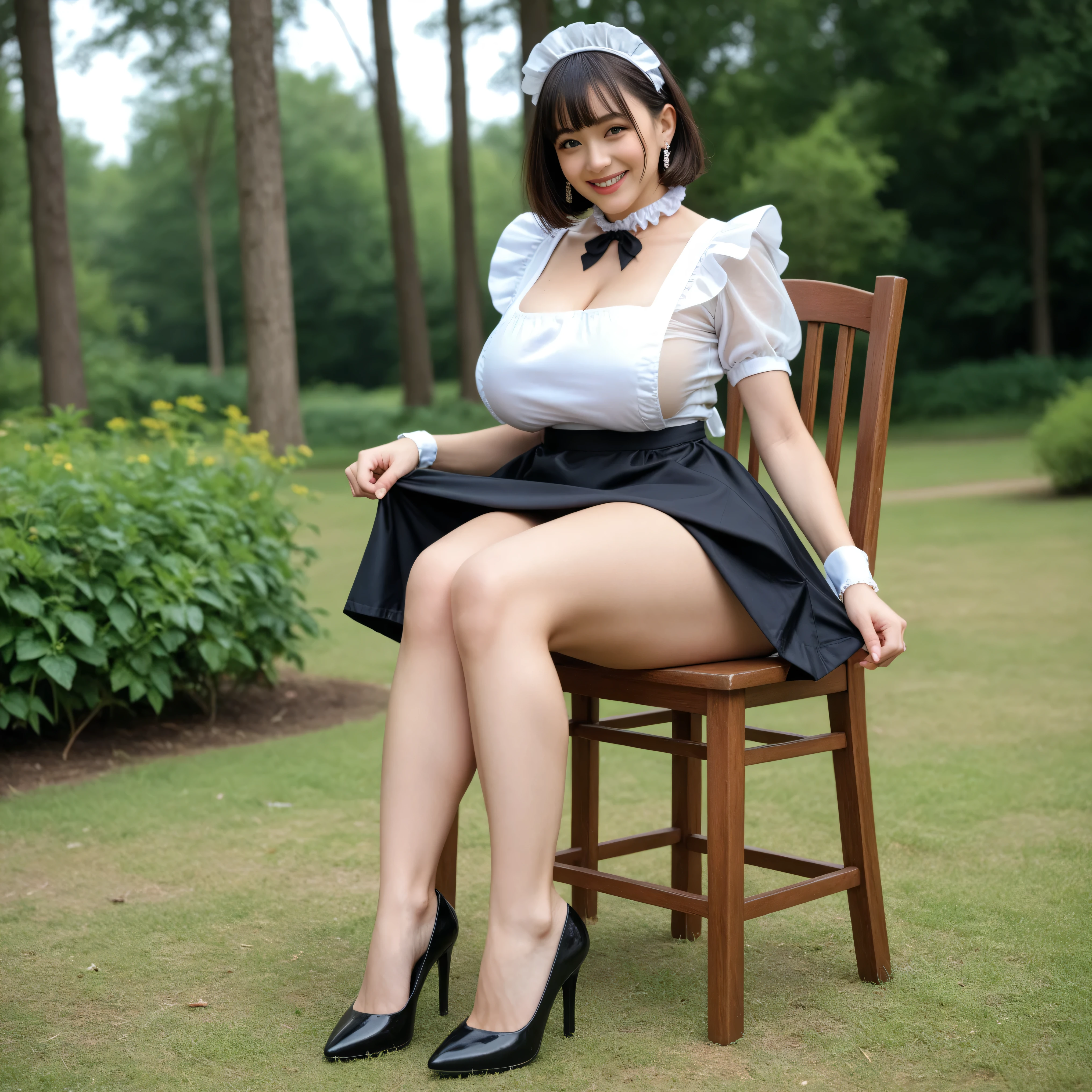 full body photo、reality, anatomically correct, realityistic, 1 woman, 23 year old woman, beautiful woman, very detailed beautiful face and eyes, detailed skin, (Natural Saggy Big Breasts:1.3), big butt, thighs, wide hips, smile, (short hair with bangs) (Cute black French maid clothes, white maid headdress, sheer white shirt, Black skirt lift, White frill apron lift, White Ruffle Choker, Black High Heels Earrings), Summer atmosphere, Daytime, The background is a forest, Being in a grassy garden,Sit on a wooden chair with legs wide open left and right、showing her wet, transparent white panties