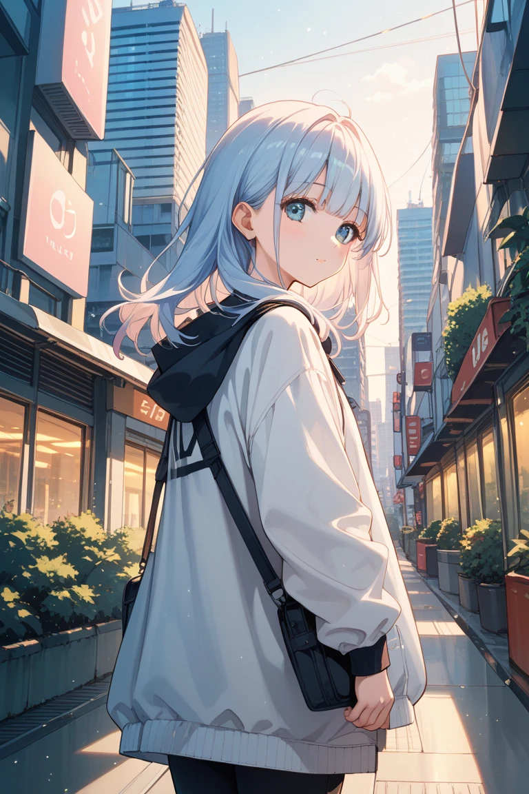 (Close-up:1.3),Realistic,Highest quality, Super detailed, High-quality CG rendering, The most delicate and beautiful, Floating softly, High resolution, (1 girl), (Highest quality,4K,8K,masterpiece:1.2), Light purple hair,(Very long ponytail:1.3),Red eyes,(Pure white oversized short sleeve T-shirt:1.3),(Black skinny pants:1.3),(Pure white cap:1.3),In the city,old buildings,(whole body:1.3),(Turn your back to your audience:1.3),