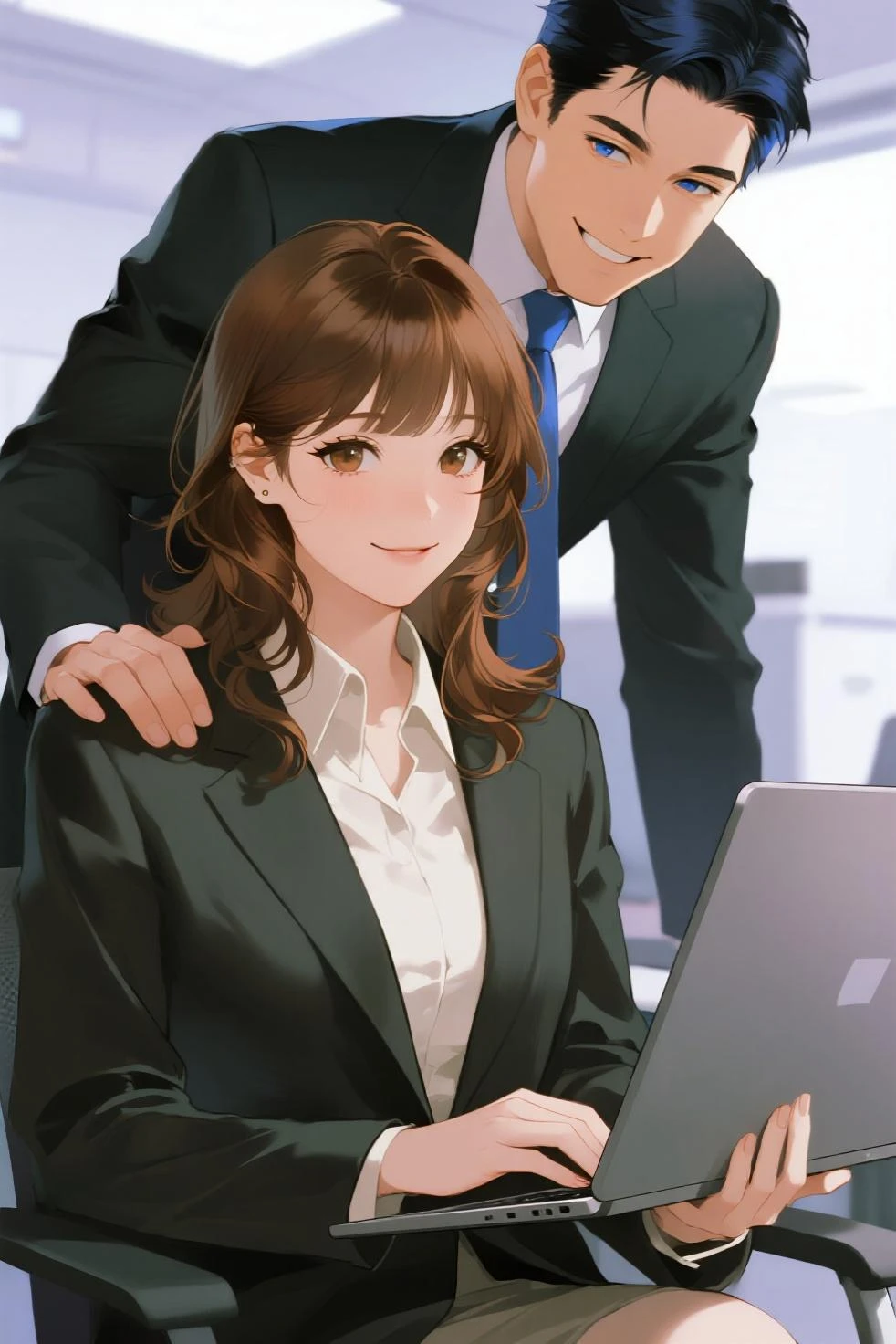 Draw a matured woman that customizing as a successful entrepreneurship with backgrounds of an office and sitting on the office chair doing work in the laptop and have some papers in her side  also put the hair up and the color of the clothes are black and white that looks so expensive and classi and make it more like an anime