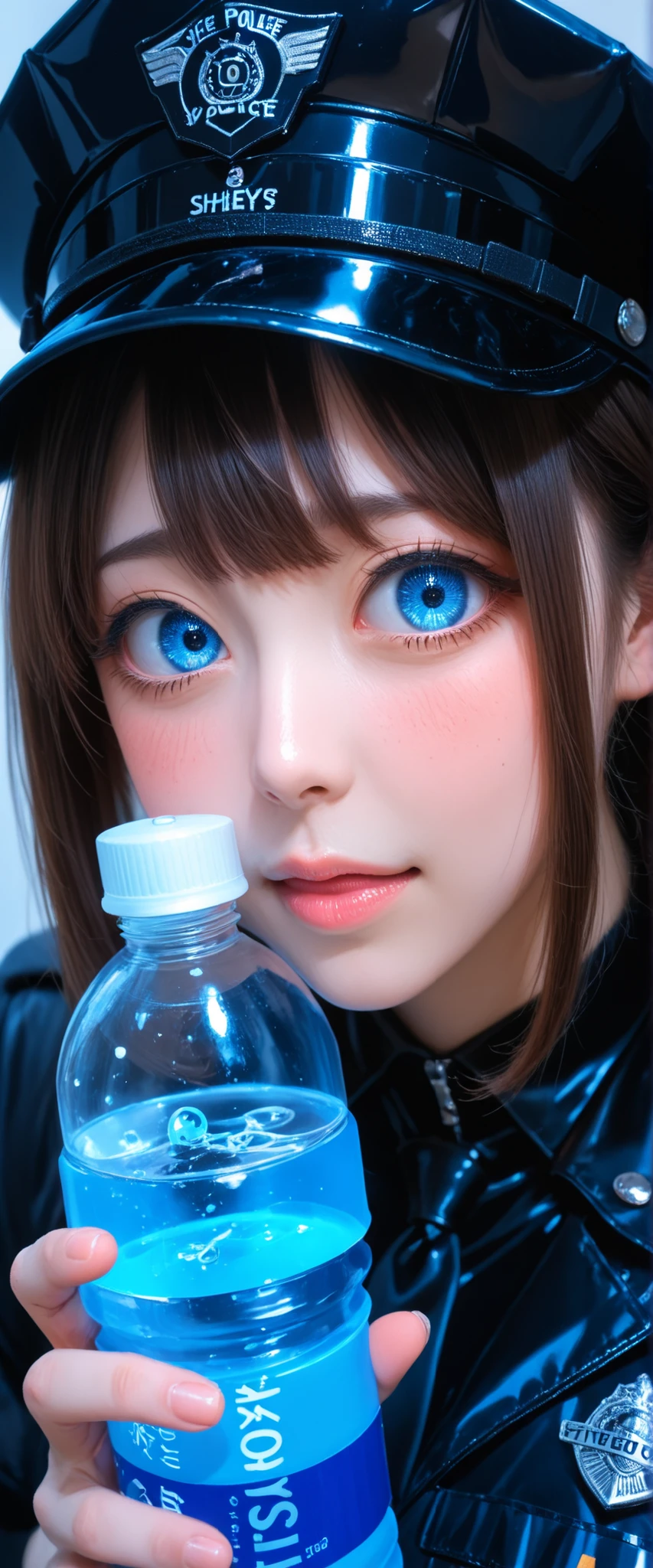 A girl in a black police outfit is holding a black latex water bottle. She's nervous and shy, show off vacuum fellatio bottle,
KY_0002, glowing,
