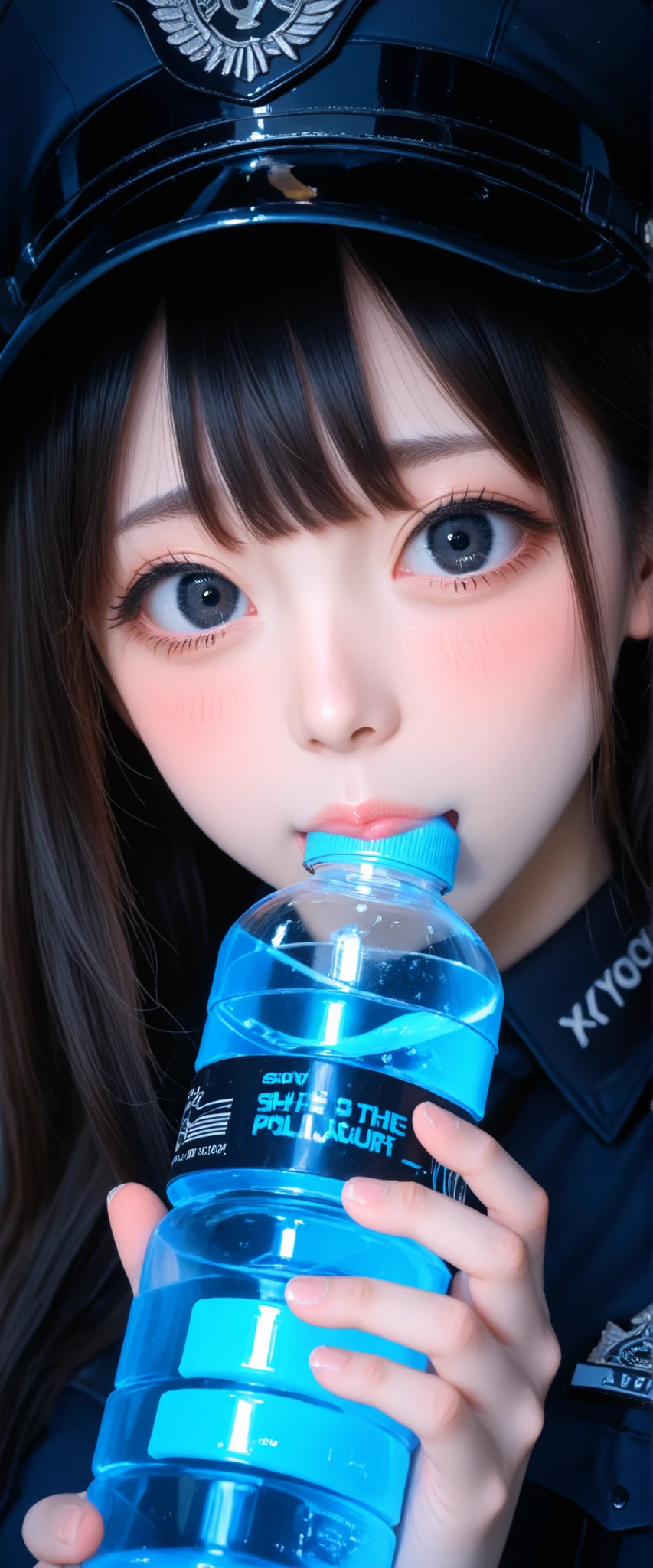 A girl in a black police outfit is holding a black water bottle. She's nervous and shy, show off vacuum fellatio bottle,
KY_0002, glowing, solo, black eyes,