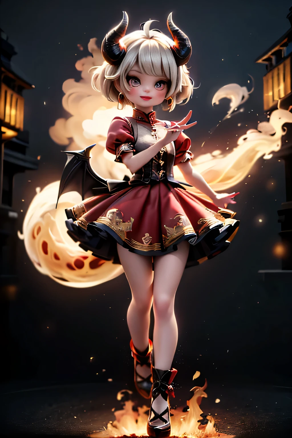  Create a vibrant and dynamic fantasy art scene featuring a cute kawaii-style horned fire demon girl. She has a playful smile, hair like flickering flames, intense red smokey eyes with bold eyeliner, an intense blush, and red glossy lips. Her outfit includes a red skirt, a red shirt with short puffy sleeves, and white socks. She wears red flame earrings and her nails are painted red. Her footwear consists of glossy red strap mary-jane pumps that glow like embers. The environment is set during a nighttime fire festival, filled with fire elements, fireworks, and fire dragons. The scene should capture an action magazine pose with a dynamic angle, showcasing her lively and energetic presence amidst the vibrant colors and chaotic beauty of the festival.