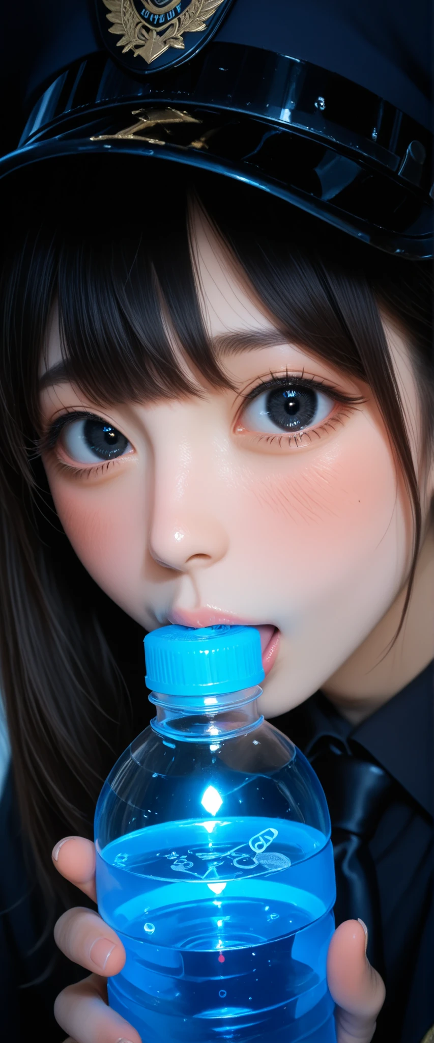 A girl in a black police outfit is holding a black water bottle. She's nervous and shy, show off ((vacuum fellatio for bottle)), capless bottle, into bottle,
KY_0002, glowing, solo, black eyes, warm cheeks,