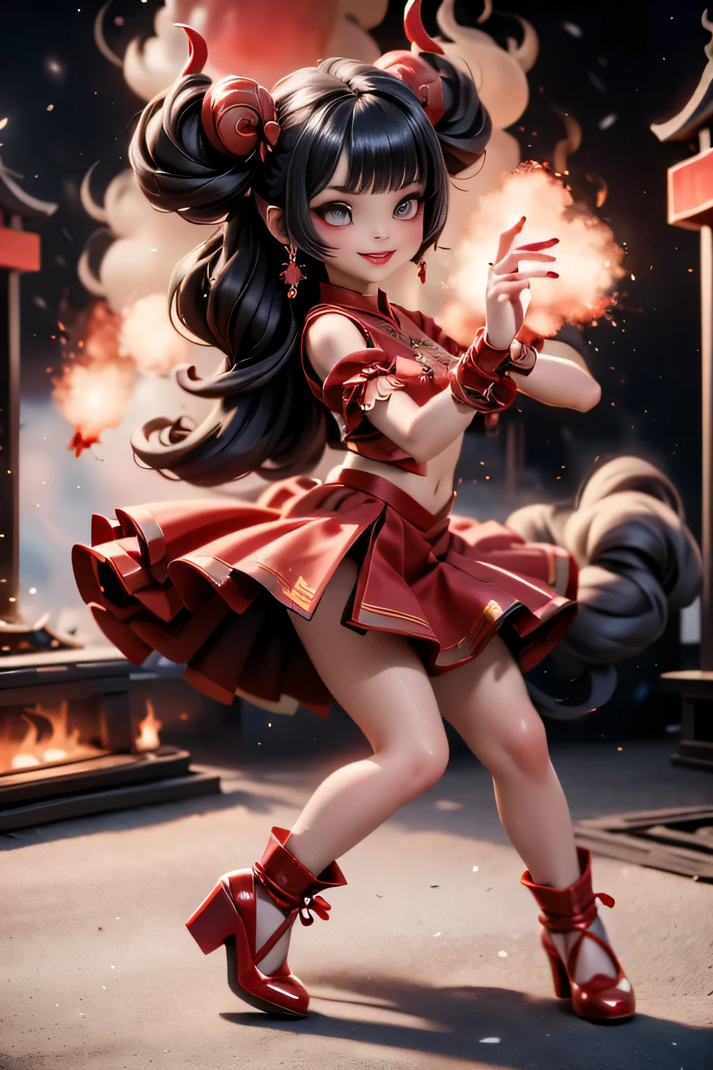 A cute kawaii-style horned fire demon girl smiling, hair like fire, intense red smokey eyes makeup, intense blush, red glossy lips, red choke, red flame earrings, nails painted red. Wearing: red skirt, red shirt with short puffy sleeves, white socks. Footwear: glossy red (strap mary-jane pumps) glowing like embers. Fire festival environment, fire (((festival))), (((festival)))fire elements, ((nighttime)), Action: (((dancing))) pose, dynamic angle. Fantasy art style, fireworks, fire dragons