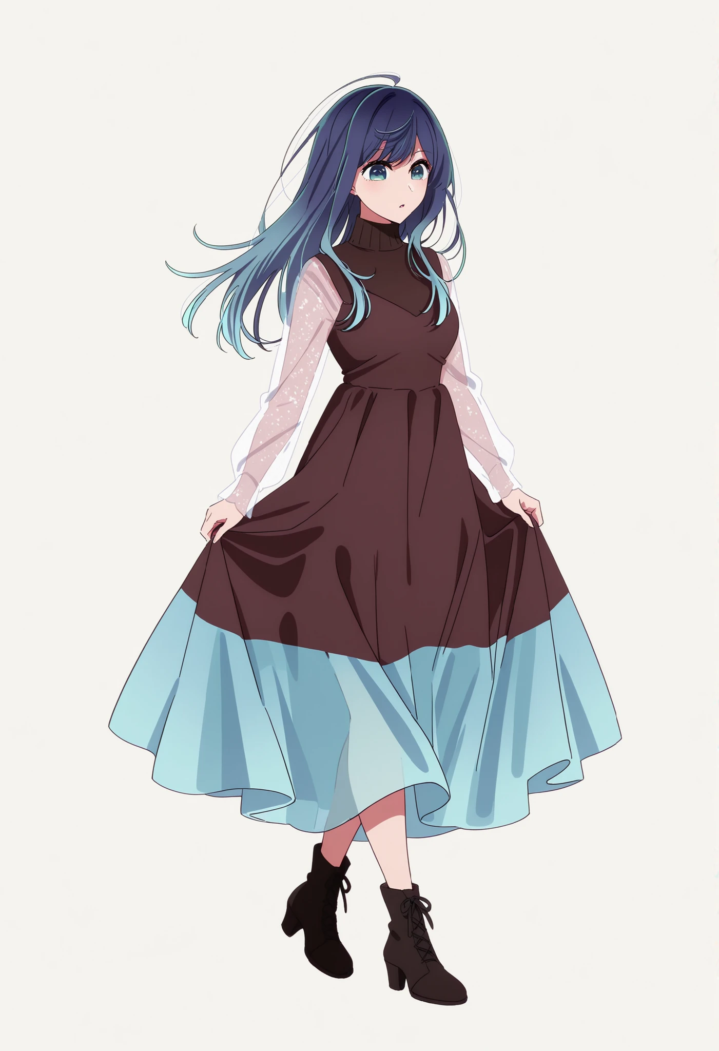 kurokawa_akane_ilxl, season1, baseoutfit, 1girl, dress, blue dress, black footwear, see-through, high heels, skirt hold, blue hair, long sleeves, shoes, multicolored hair, see-through sleeves, short hair,kurokawa_akane_ilxl, season2, baseoutfit2, 1girl, blue hair, long hair, dress, blue eyes, boots, long sleeves, brown footwear, bangs, sleeves past wrists, brown dress, sweater, turtleneck,