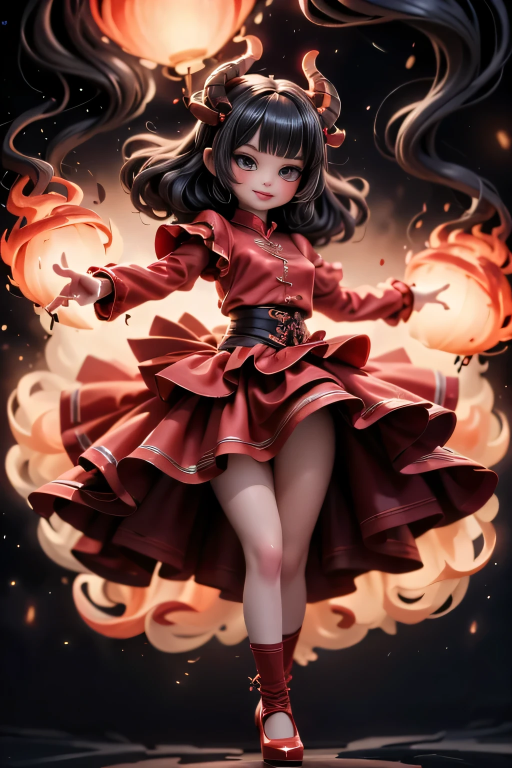 Create a captivating image of a cute kawaii-style horned fire demon girl smiling, her hair like flames, with intense red smokey eyes makeup, intense blush, red glossy lips, and a red choke. She wears a red skirt, a red shirt with short puffy sleeves, white socks, and glossy red (strap mary-jane pumps) that glow like embers. The environment is set during a vibrant fire festival, with fire (((festival))), (((festival)))fire elements, and ((nighttime)). She is depicted in an action pose, with a dynamic angle, surrounded by fireworks and fire dragons.