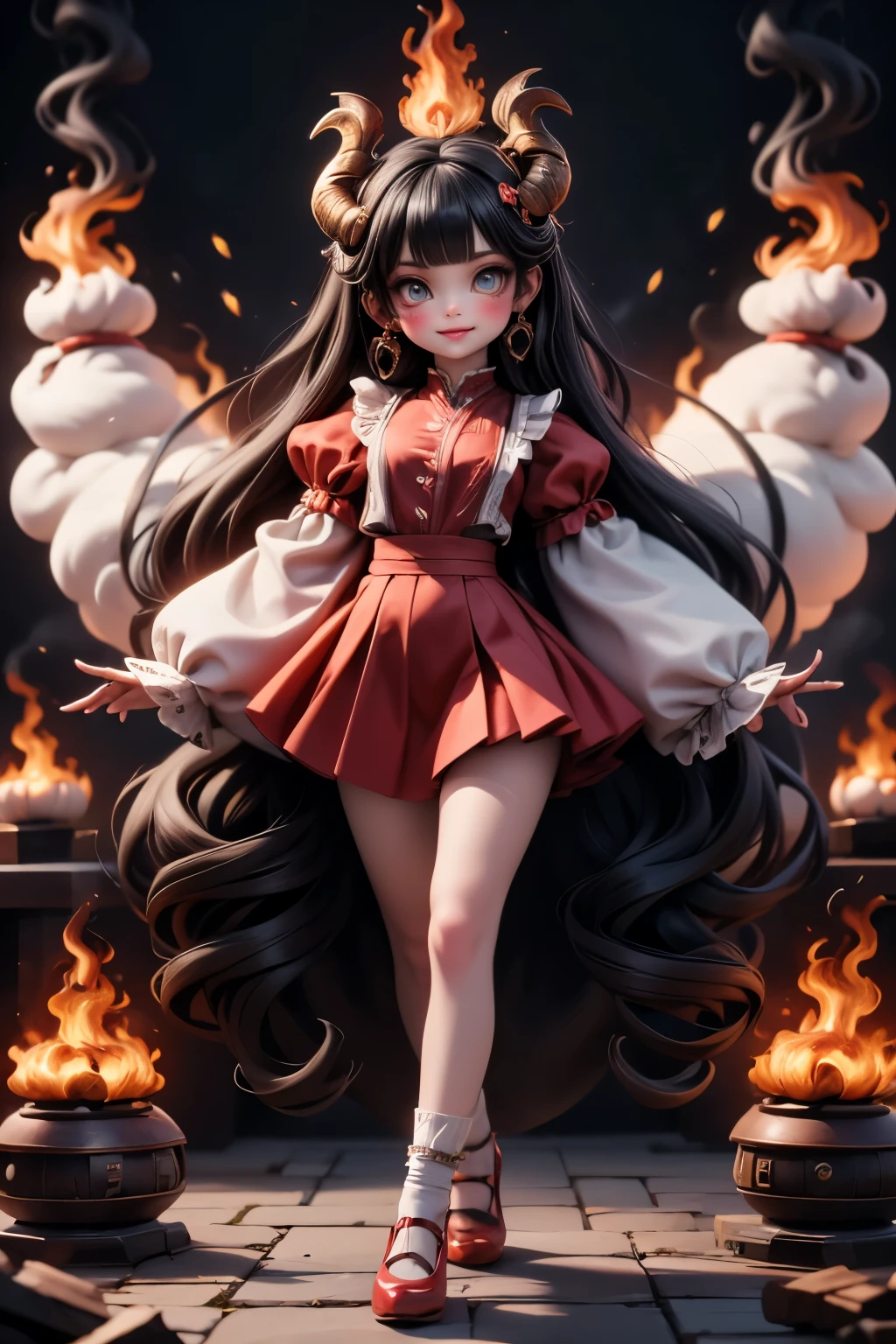 Create a fantasy art piece featuring a cute kawaii-style horned fire demon girl smiling. Her hair is like fire, and she has intense red smokey eyes makeup, intense blush, red glossy lips, and a red choke. She wears red flame earrings and her nails are painted red. She is dressed in a red skirt, a red shirt with short puffy sleeves, and white socks. Her footwear consists of glossy red strap mary-jane pumps that glow like embers. Set this scene during a vibrant fire festival, with fire festival elements and fireworks. The environment is filled with fire, and the scene is set at nighttime. Capture the moment with a dynamic dancing pose, using a smooth, flowing style that conveys energy and excitement. Include fire dragons and other fantastical elements to enhance the magical atmosphere.