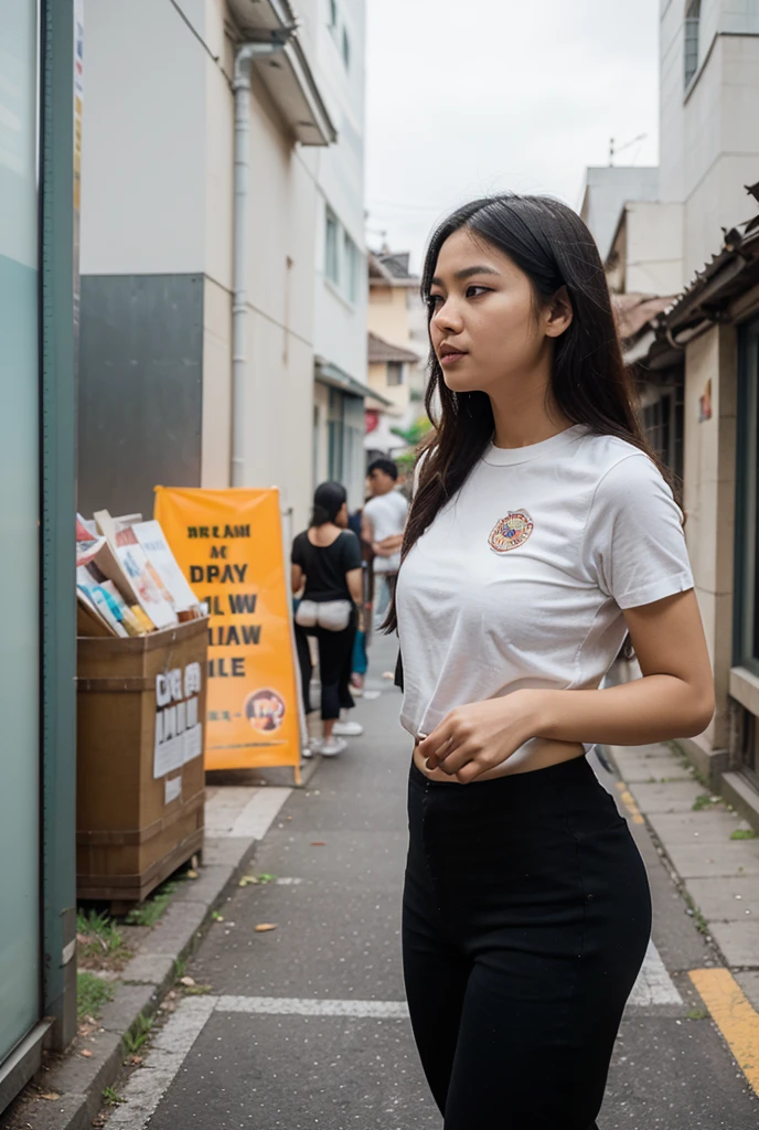A beautiful Indonesian woman, wearing a cream coloured t-shirt with a strong vector design featuring a silhouetted image of a downward arrow symbol in an orange colour full of love and covered Blood splatter. The phrase "ISEK SEMPIT WANI PIRO" is displayed in elegant and simple bold letters, distressed typography with pastel colours, while holding panties, , short wavy hair, one handed pose pointing cameramen, in a public place, surrounded by many men,  pose, jav idol, with front shooting angle, very realistic, (complex detail: 0.9), (hdr, hyperdetail: 1.2), RAW, Sony Alpha a9 II, 24-105mm f/4, HDR,