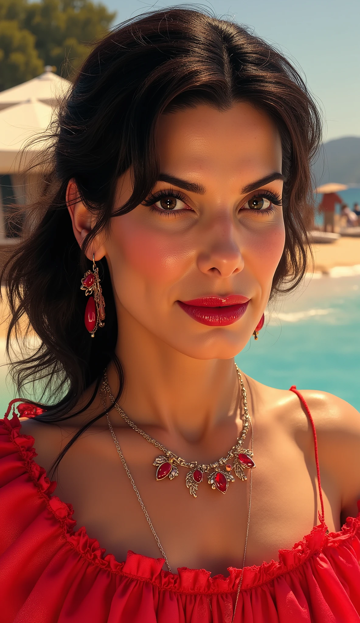 Sandra Bullock wearing luxurious red lipstick red red earring high quality red necklace on the background realistic scenery of luxurious houses with a beach in the background people trees fishing boats photorealistic in 8k with neon glitter and reflections