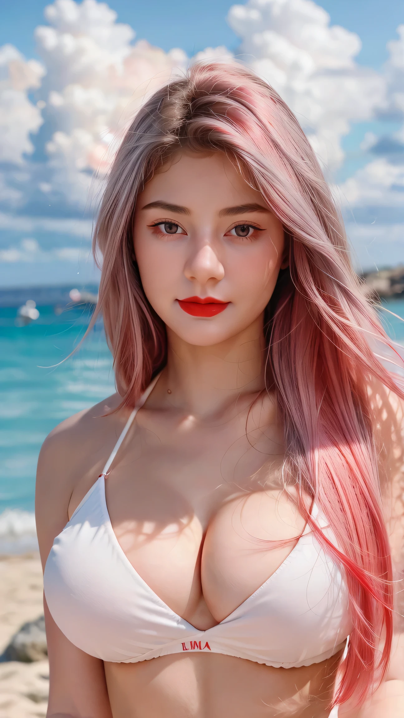 1 Girl, Beautiful, Baby Face, 20 Years Old, White Skin, Pose, Ultra Large Breast, Cleavage, Dark Red , Grey Eye, Muscles:1.3, Beach, Bokeh:1.1, Drill Hair, Tied Hair, ((Coloured Hair)), Red lipstick, Sensual Lipstick, Sensational Make up Artist, Eyeshadow, Georgeus 