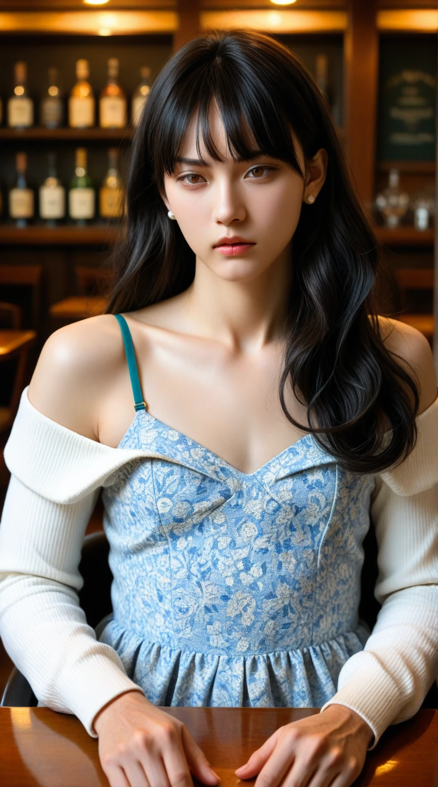 Fashion trendy beautiful and charming woman, gentle and charming Chinese beautiful woman, delicate and sexy collarbone, charming oval face, double eyelids, smart peach blossom eyes, pink lips, small nose,  shoulders, focus on the face, close-up of the face, Ultra-high-definition, super-detailed, the white off-the-shoulder shirt perfectly echoes the light blue slit skirt, fresh and impressive