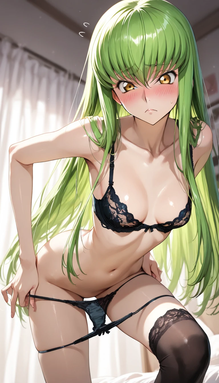  1girl, zodiac_mallow, solo, lovely small , solo, green hair, long hair, twintails, headband, pink flower in hair, green eyes, looking at viewer, dark skin, head tilt,smile, parted lips(teeth), nose blush, blush,dark skin,black lace lingerie, in the castle, , 