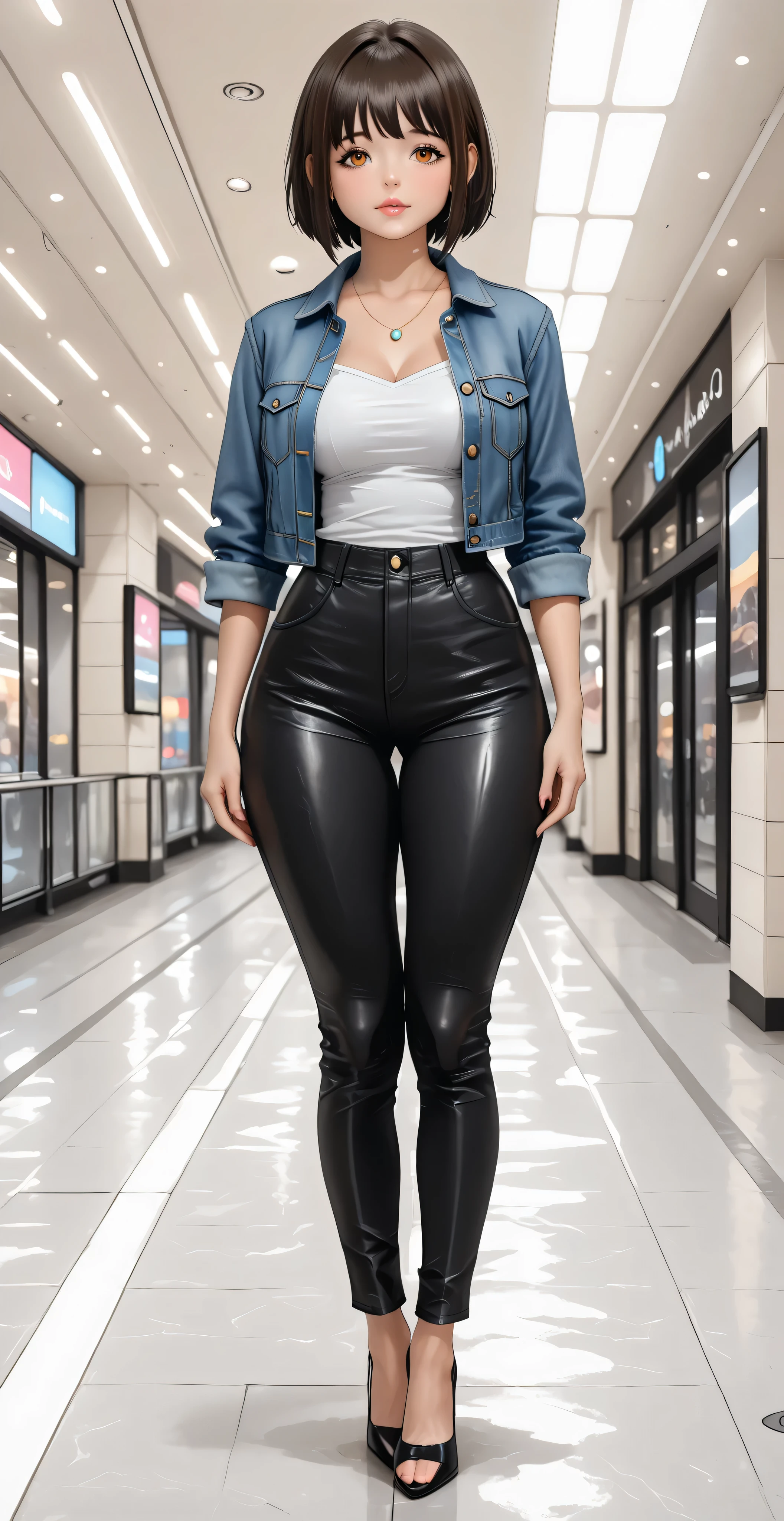 a girl. [yui] . piel clara, dark brown short hair,  dark orange eyes , thin lips, round face. She wears a navy blue denim jacket, short. Underneath she wears a white top. Straight neckline. She wears black leather pants and black high heels. Standing alone, in a mall with her hands over her waist. Curvy wide-hip body, thighs and wide legs. Perfect anatomy. perfect hands. high attention to detail. (Photo RAW) . (Extremely detailed Unity 16k CG wallpaper).