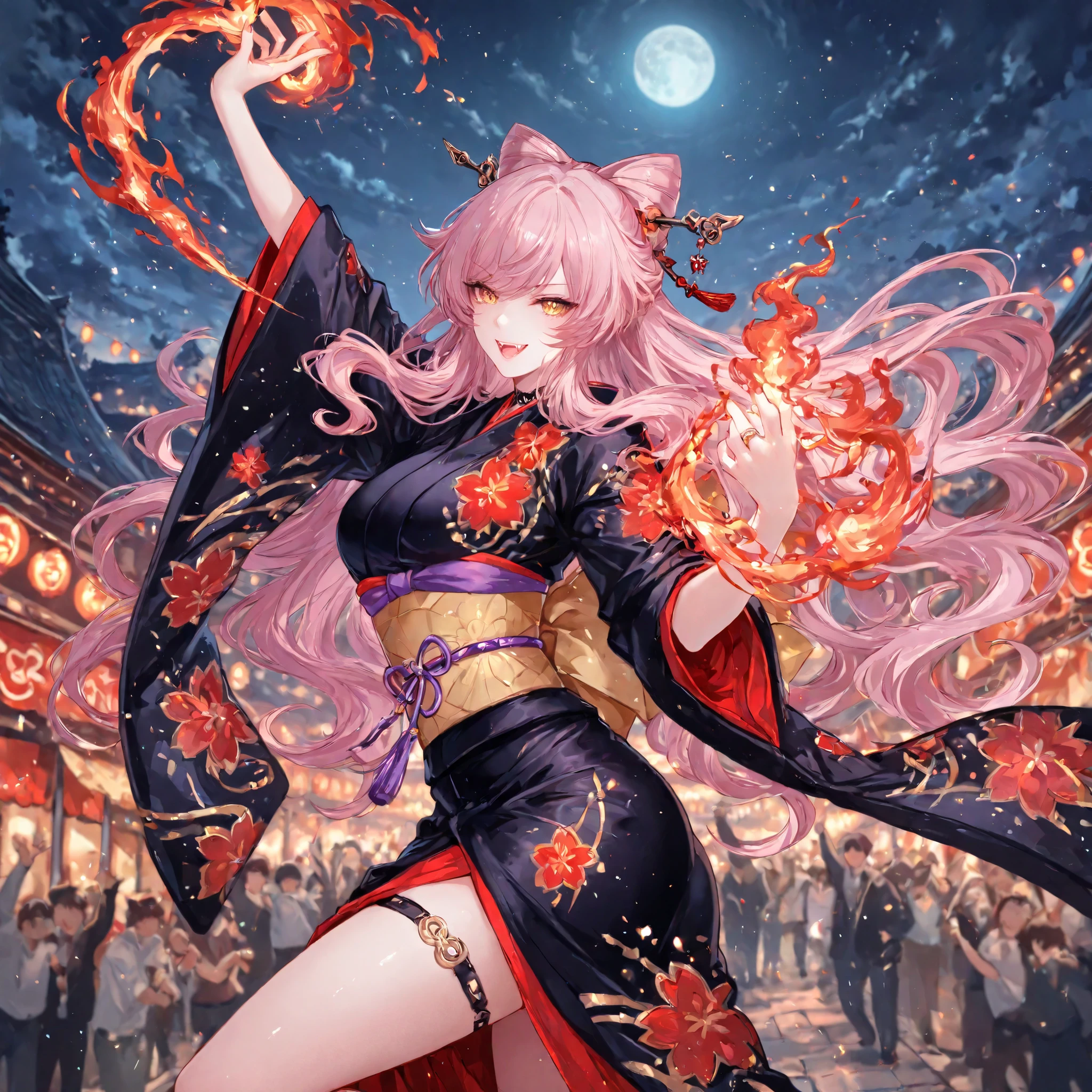 (( perfect hands with five fingers for hand )), festival of fire,perfect anatomy, masterpiece, Illustration, ultra details, fine trait, best quality, ultra detailed, 1girl (kimono neko girl), dancing with the flames oround her, , smile with fangs, claws, very long wavy pink hair, , , nice anime golden eyes, dynamic pose, in night japan village in background , japan village, moon and clouds, very detailed, ((cheering crowd))