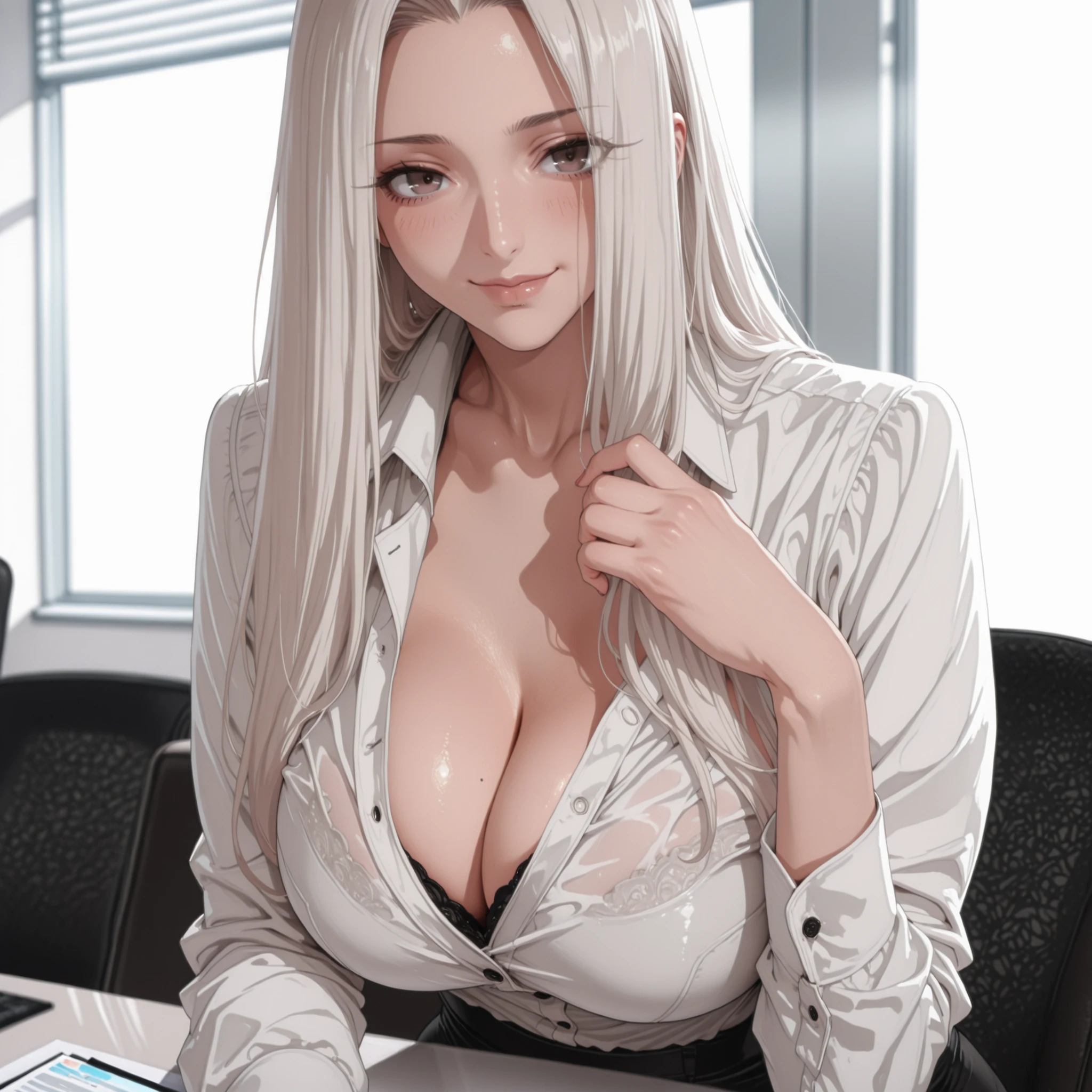 4k,masterpiece, highly detailed,solo, woman, voluptuos body, , pose, soft smile, tight office outfit,cleavage ,elegant office place