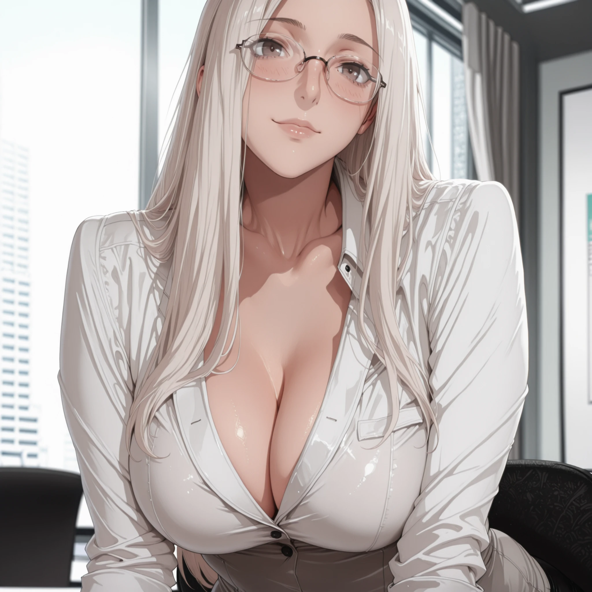 4k,masterpiece, highly detailed,solo, woman, voluptuos body, , pose, soft smile, tight office outfit ,cleavage ,glasses,elegant office place