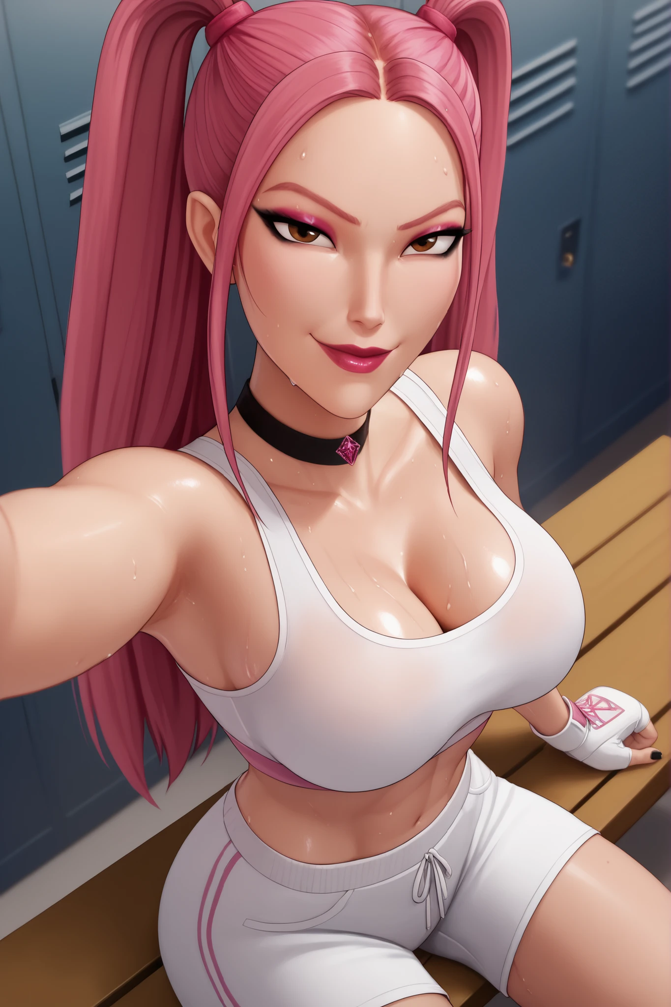 BREAK, score_6_up, score_7_up, score_8_up, score_9, 1girl, solo, kpdh_m1ra, long hair, dark pink hair, brown eyes, twintails, black choker, lipstick, makeup, official KPop Demon Hunters aesthetic, , busty, cleavage, curvy, athletic, looking at viewer, seducing viewer, teasing viewer,  expression, smiling, closed mouth, bedroom eyes, white sports bra, white boxing shorts, white wrist wraps, midriff, indoors, locker room, sitting on bench, closeup, portrait, upper body, high-angle view, pink eyeshadow, black eyeliner, black mascara, sweaty, sweat drops, wet skin, shiny skin 