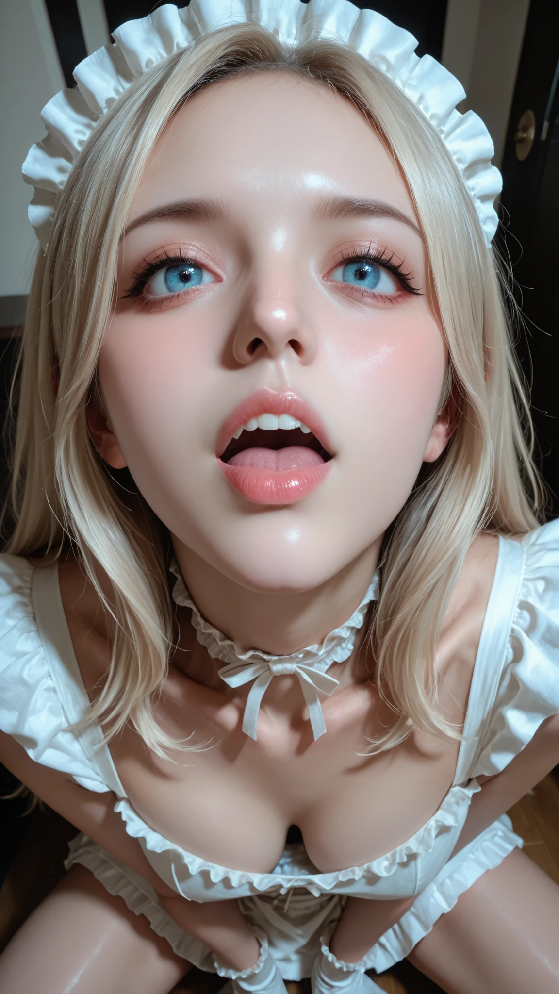 Masterpiece, detailed, high quality, top quality, 特別に演出されたシーン、close up portrait, from chest up, ポニーテールの日本人女が夕日に照らされて光が反射しています、detailed cute k-pop idol face, high resolution beautiful face, stand and spread legs wide, 女性は透明なレインコートを着ています、女性は透明なセクシャルなパンツを履いています、私は女性の大きなレースのブラを見ることができます、女性は見えないパンティを着用しています、 女性はパンストを履いています、女性は白い光沢のあるレスリングブーツを履いています、白い膝当て、too short frill skirt, thick thigh, white gloves, 大きく太い機械を手に持っています、彼女はビルの外の階段を登っています、幾何学的で複雑すぎる模様の壁、白いシロップが付いた肌、背景に光る雲がある、高画質、高品質な、リアリスティック・オン・フォー、8k、super dynamic angle, as action cinema, as official art, as cover art concept, no text, (((from dynamic view))), face from above, ((realistic super detailed skin neck)), beautiful eyes,