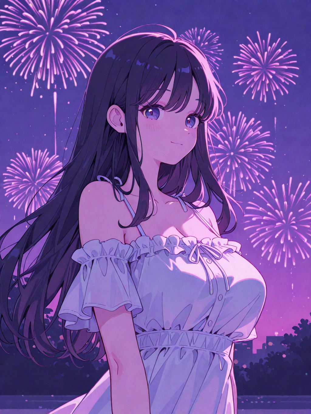 (masterpiece, Highest quality, detailed), One girl, alone, View your viewers, Francesca Lucchini, Sundress, White Dress, Sleeveless dress,  shoulders, firework, aerial firework, ( squeezed together), (v Arms), Spaghetti Straps, night, night sky, City lights, , の, Leaning forward, smile, Open your mouth