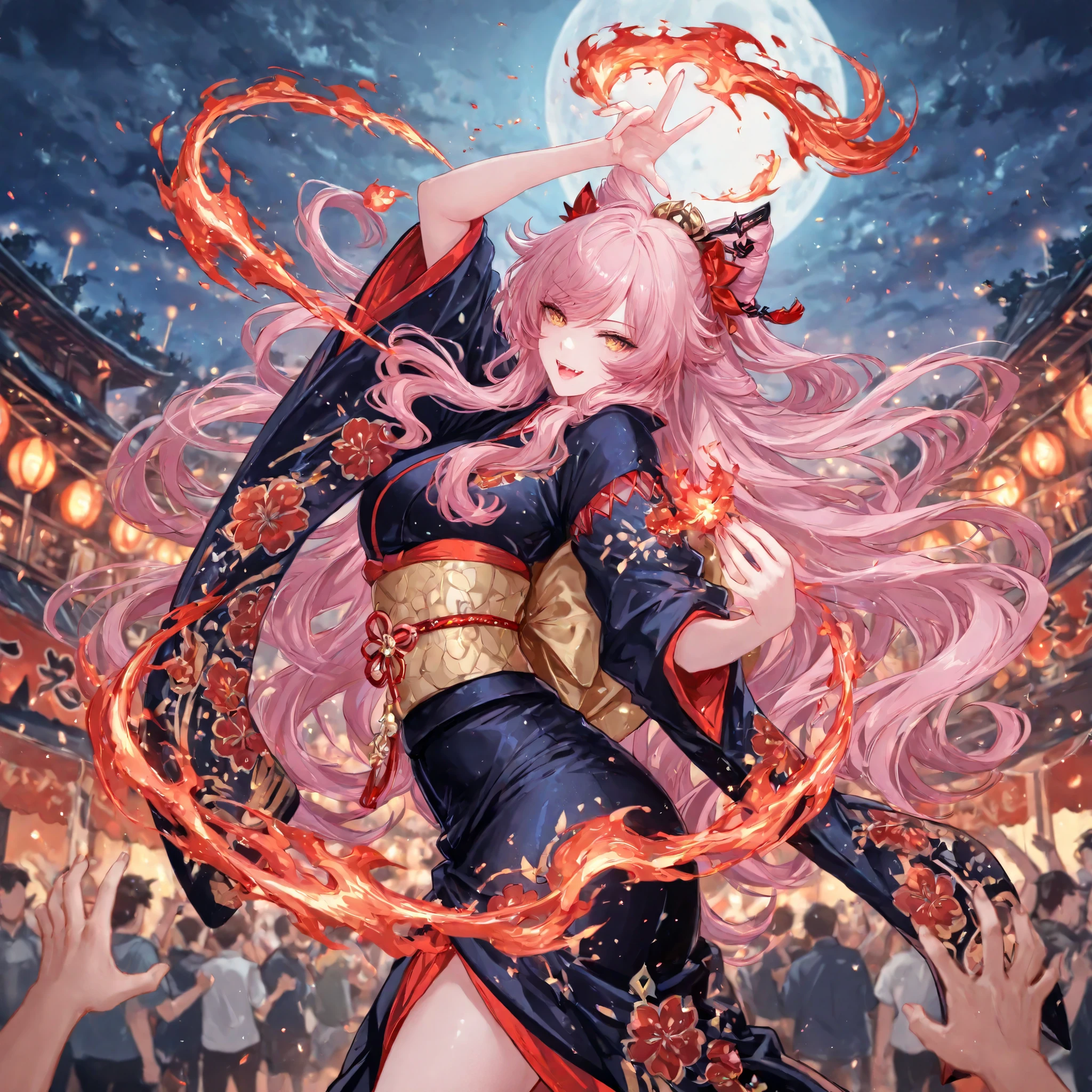 (( perfect hands with five fingers for hand )), festival of fire,perfect anatomy, masterpiece, Illustration, ultra details, fine trait, best quality, ultra detailed, 1girl (kimono neko girl), dancing with the flames oround her, , smile with fangs, claws, very long wavy pink hair, , , nice anime golden eyes, dynamic pose, in night japan village in background , japan village, moon and clouds, very detailed, ((cheering crowd))