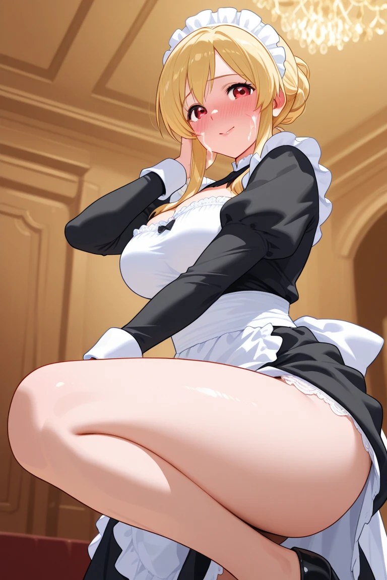 beautiful girl、perfect body、beautiful ample breasts、long blonde hair、((maid))、spread your 、(((POV、)))