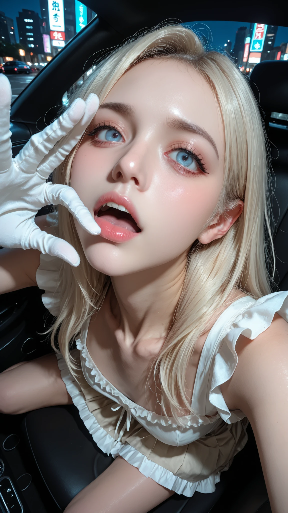 Masterpiece, detailed, high quality, top quality, 特別に演出されたシーン、close up portrait, from chest up, ポニーテールの日本人女が夕日に照らされて光が反射しています、ride on male, detailed cute k-pop idol face, high resolution beautiful face, stand and spread legs wide, super flat chest, 女性は透明なレインコートを着ています、女性は透明なセクシャルなパンツを履いています、私は女性の大きなレースのブラを見ることができます、女性は見えないパンティを着用しています、 女性はパンストを履いています、女性は白い光沢のあるレスリングブーツを履いています、白い膝当て、too short frill skirt, thick thigh, white gloves, 大きく太い機械を手に持っています、彼女はビルの外の階段を登っています、幾何学的で複雑すぎる模様の壁、白いシロップが付いた肌、背景に光る雲がある、高画質、高品質な、リアリスティック・オン・フォー、8k、super dynamic angle, as action cinema, as official art, as cover art concept, no text, (((from dynamic view))), face from above, ((realistic super detailed skin neck)), beautiful eyes, mouth gesture, in car, on car sheet, night buildings,