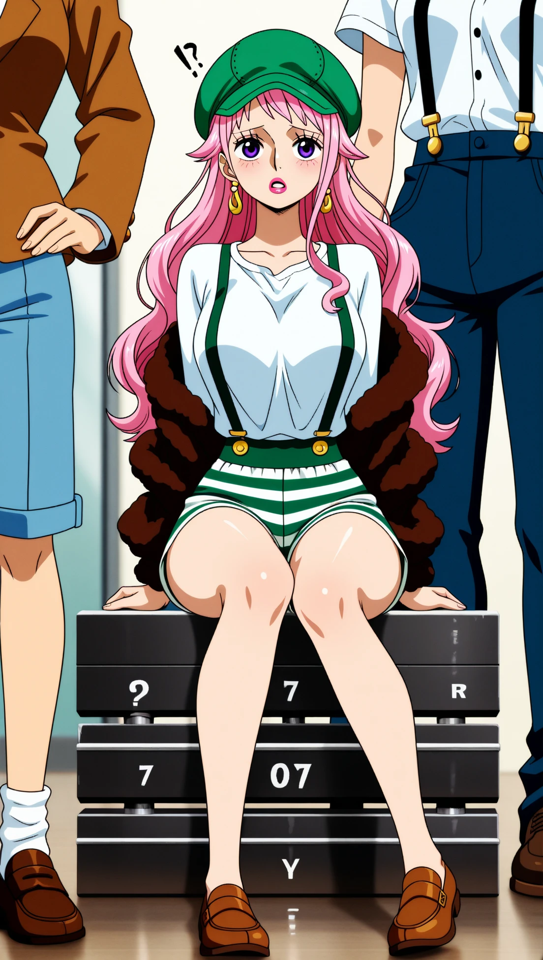 1990s \(style\), 1girl, pink hair, medium hair, blue eyes, yellow tank top, turtleneck, underboob, navel, micro shorts, sitting, train interior, worried, looking to the side <lora:cool_devices_11:1>, score_9, score_8_up, score_7_up, score_6_up, score_5_up, score_4_up, BREAK source_anime, masterpiece