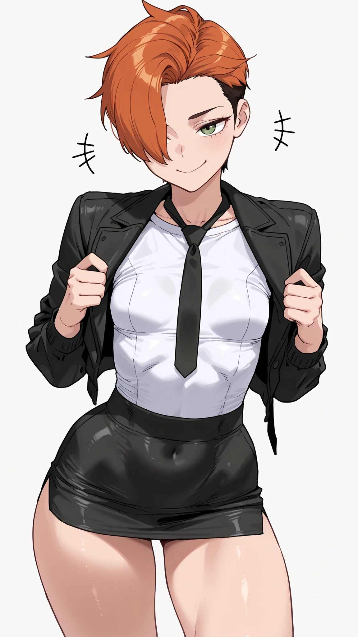 (masterpiece, very aesthetic, absurdres, expressive, perfect face, cartoon style, solo,)
(white background:0.9),
(sexy fit girl with orange pixie cut, green eyes and small breasts:1.0), (wears black jacket, white shirt, black necktie, very short black miniskirt:1.1), (sexy fit tomboy, orange hair slicked back, pixie cut, bangs over one eye, fit body, small breasts, cheeky expression, bare thighs:1.2),