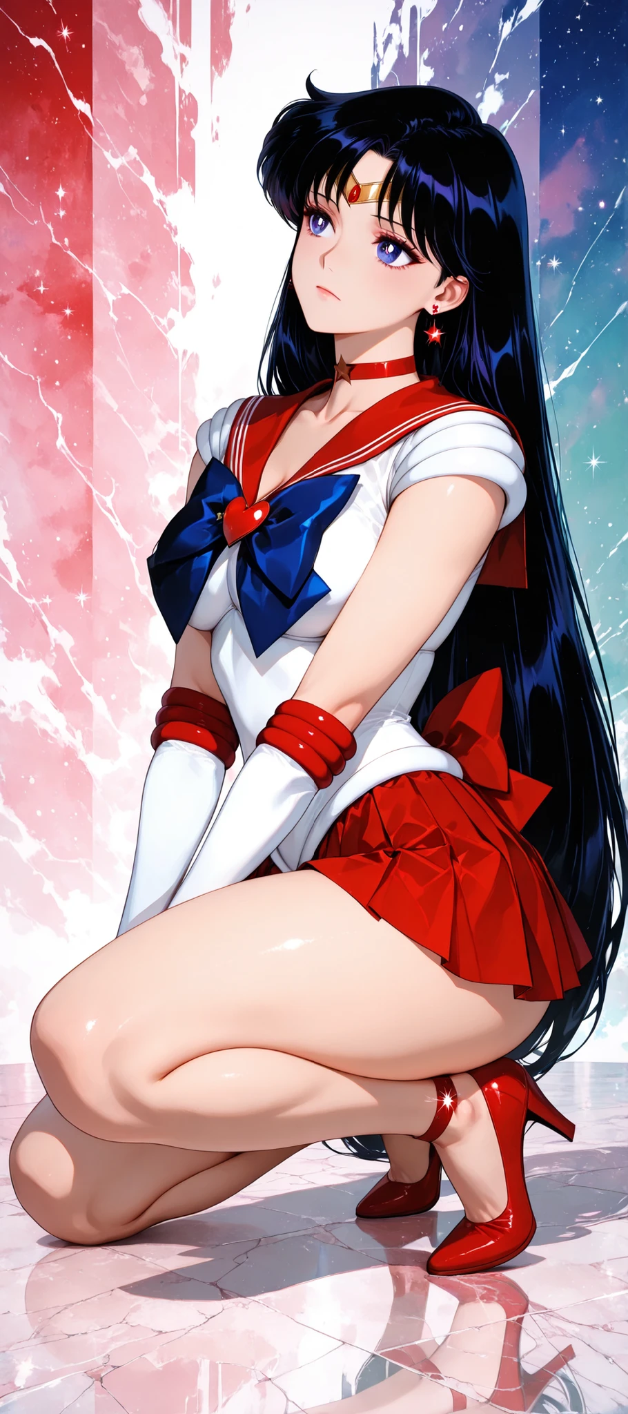 1girl, Alone, sailor mars \(sailor moon\), she has her back to the spectator, is crouching, Falda, ((split color abstract background)), ( shadow ), cute, ((pose atractiva)), look away, thick legs, correct anatomy, intricate details, masterpiece, High quality, aesthetic, ultra detailed, piel brillante, beautiful face , ((knee-deep image capture)), detailed hands, image of half a body,