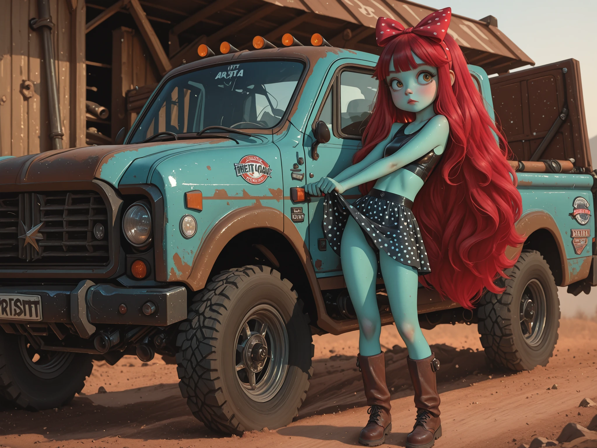 Por tsukushi Akihito, artista:MoriiMee This is a sensual, full-body outdoor photograph featuring a fit woman in a pose, standing in profile while leaning on a heavily modified, rustic vintage American pickup truck. She is dressed in a black leather-look crop top, a bright yellow polka dot skirt, and a large red hair bow directly to the camera. The truck is lifted, equipped with massive off-road tires, and features a two-tone rusty paint job (brown cab and faded aqua body) with a "CHEEVYLE CHEKO" racing sticker on the side, set against a dusty outdoor lot under bright daylight.