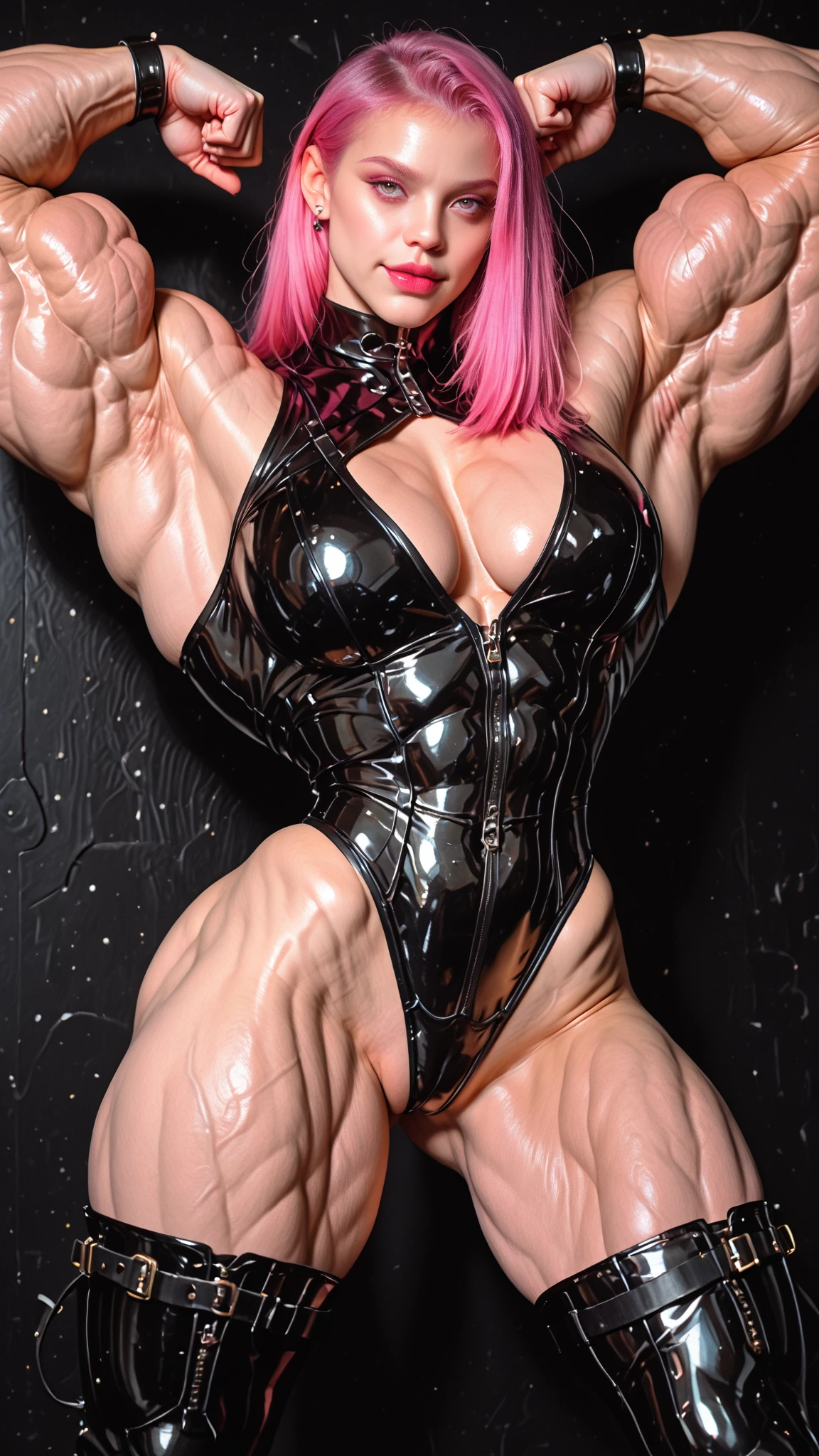 (best quality, 8k, highres, photorealistic:2.0), (solo, one girl:2.0),(lighting:front),(lighting: strong),(Russian Beauty:2.0),(The woman opens her mouth wide and screams loudly:1.5),(lift your chin and look up:1.5),(very muscular girl:2.0),(bodybuilder girl:2.0),(shiny skin:2.0),(pink short hair:1.5),(Squat down with both knees up and spread your :1.5),(raise both arms behind your head:1.5),(high heels:1.5),(((Wearing super low rise leather leggings pants))),(Pubic hair is sticking out),(lewd girl),(Photographed on a terrace overlooking the sea),