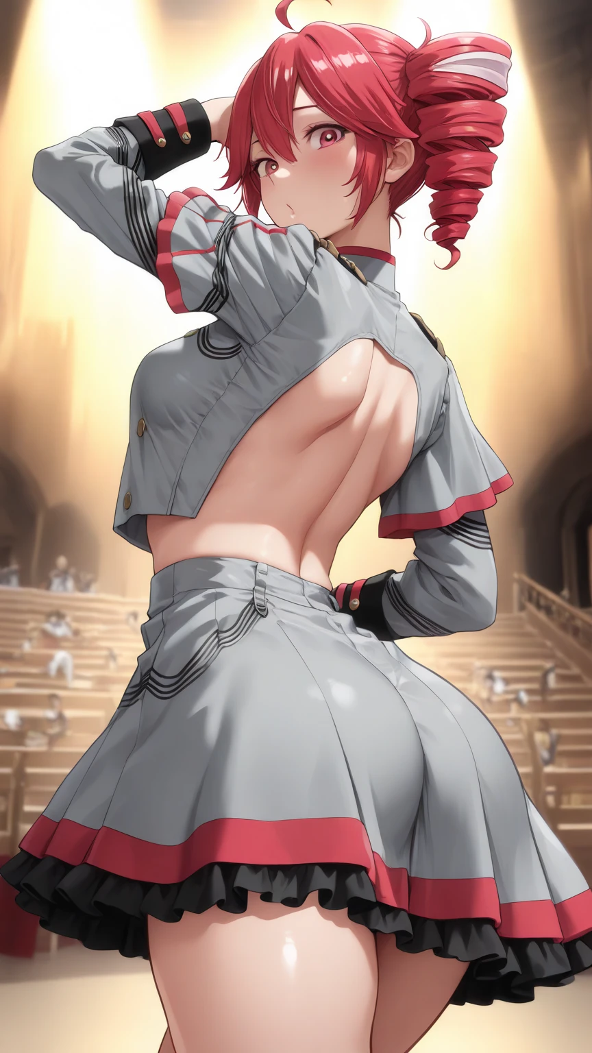 Suzuki Airy、1 pretty girl, (hair length)、(black hairr)、(Ranger Rosa), (alone) (fitted jumpsuit), ((mini skirt)), ((Black pantyhosebloom)), black ribbon, long white gloves, (white thigh high boots), (18 years), huge  、 look at viewers,no background、((let's show your ))、((背面视角)),Big 