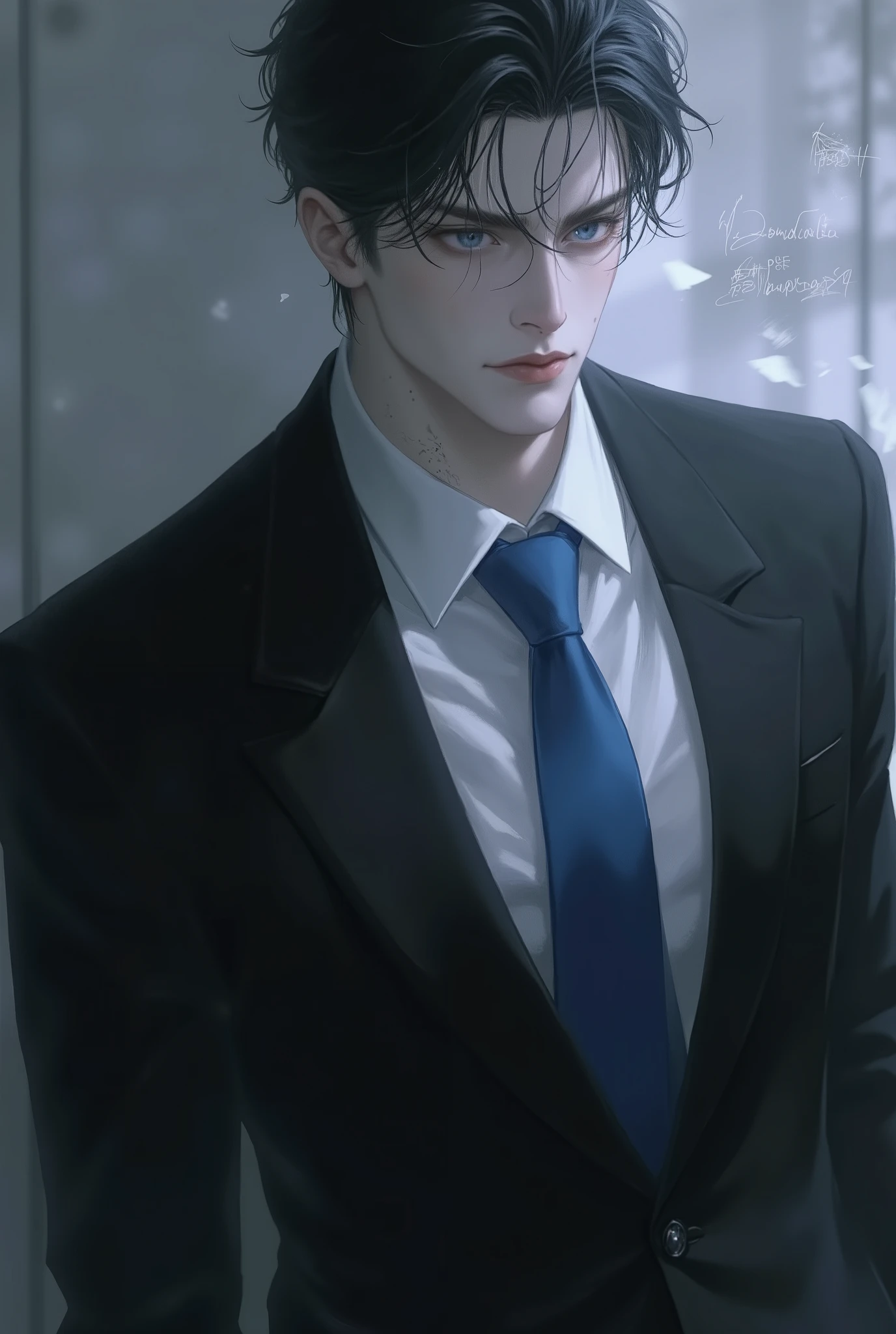 phwamen,Tall, slender man, ((muscular body)) scars, black suit and blue tie, black hair, blue eyes, cold and mesmerizing eyes