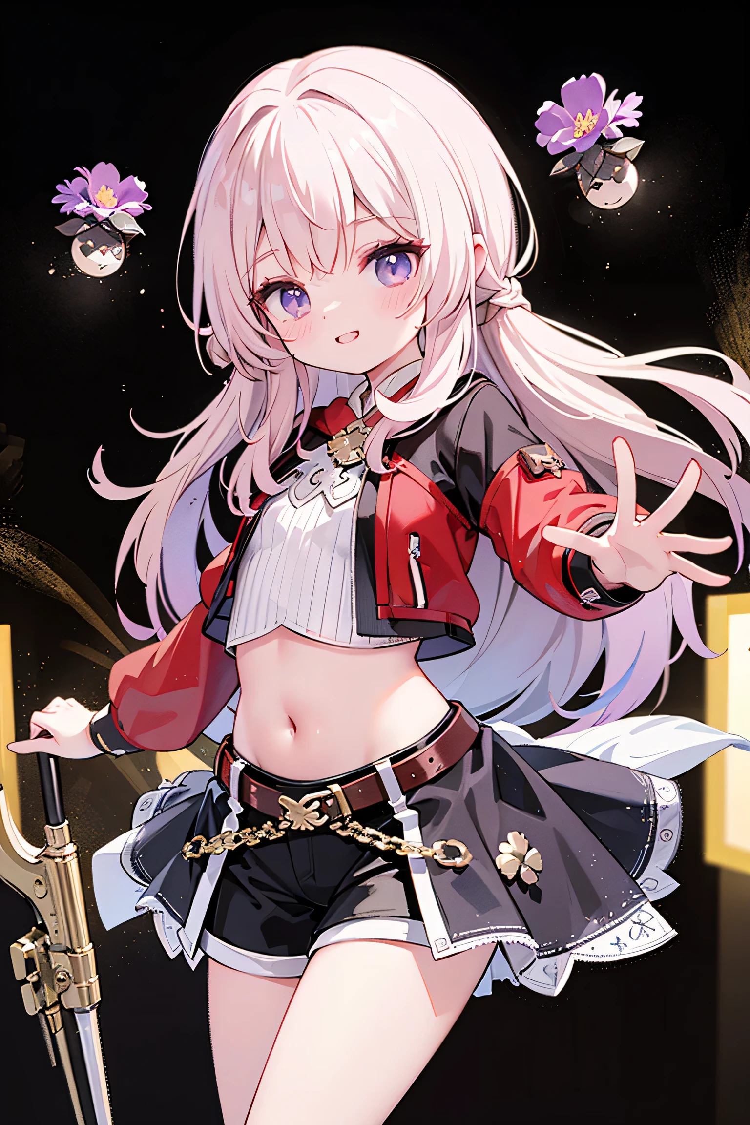 best quality ，Ultradetailliert ， nice face ， Meisterwerk、 Meisterwerk, erstklassig, 
Meisterwerk, best quality, amazing quality, (Genaue Stil), (detailed face), Genaues Gesicht, Treffende Augen, Genaue Farben, detaillierte Augen, Rumi kpop, lange lila Haare, only 1 very long purple braided braids,pony, braune Augen,  1 girl, Allein, 3d, gelbe Jacke, shortened jacket, schwarze Shorts, Bauch, red belt, white crop top, schmuck, Stiefel, swings golf clubs in the right hand,spielt Golf, Dynamische Pose, dramatic perspective, Cowboy-Schuss, hellblaues Crop-Top, on stage, Publikum, Betrachter ansehen, very sweet smiling,Look directly at the Netrachter, happy smile, Elegant,   very thin legs, dark background narrow  , schmale Beine, , extrem detailliert,  best quality ，Ultradetailliert ， nice face ， Meisterwerk、 Meisterwerk, erstklassig, 1 girl in, best quality , 1 girl dark background